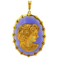 Vintage 9 Karat Yellow Gold Pendant with Diamonds and Blue Glass