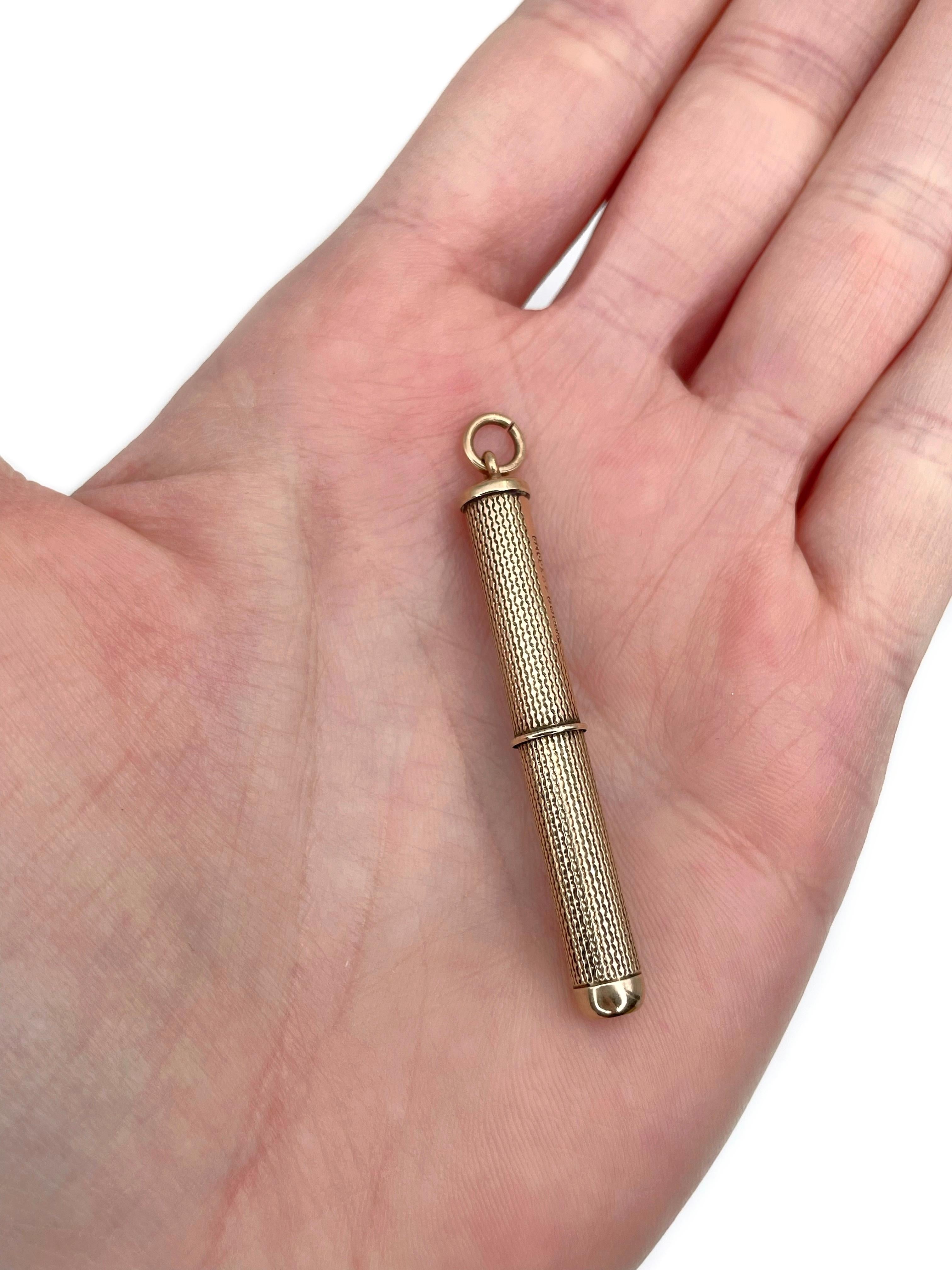This is a vintage retractable toothpick pendant. It is crafted in 9K yellow gold. Circa 1950. 

Signed with “375” and hallmarks.

Could be an exceptional gift. The pendant is both - beautiful and functional. 

Weight: 5.81g
Length closed: 5cm
Length