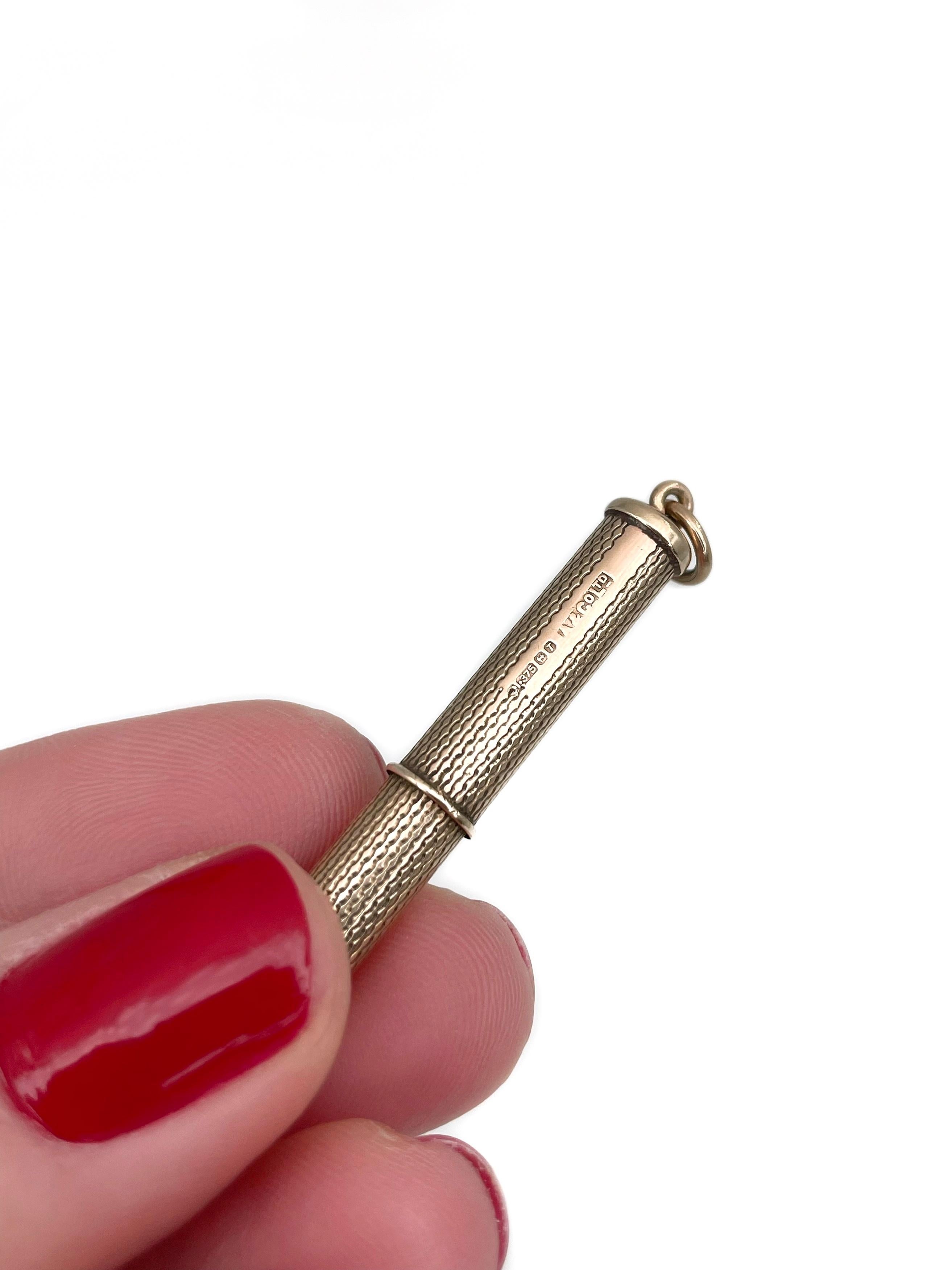 Vintage 9 Karat Yellow Gold Retractable Toothpick Pendant 1