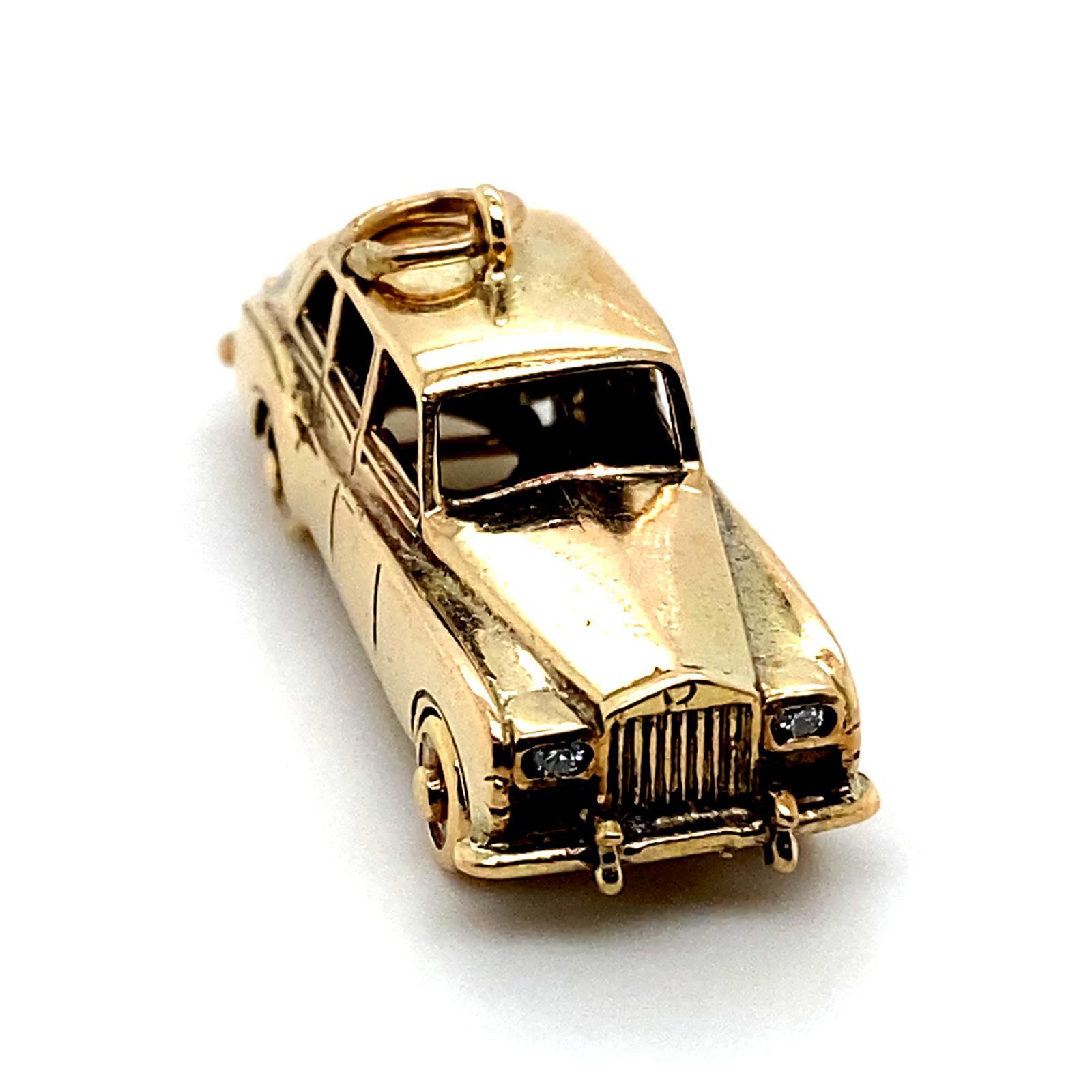 Retro Vintage 9 Karat Yellow Gold Rolls Royce Diamond Charm For Sale