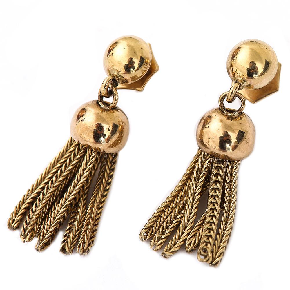 Retro Vintage 9 Karat Yellow Gold Tassel Fringe Drop Earrings, circa 1987