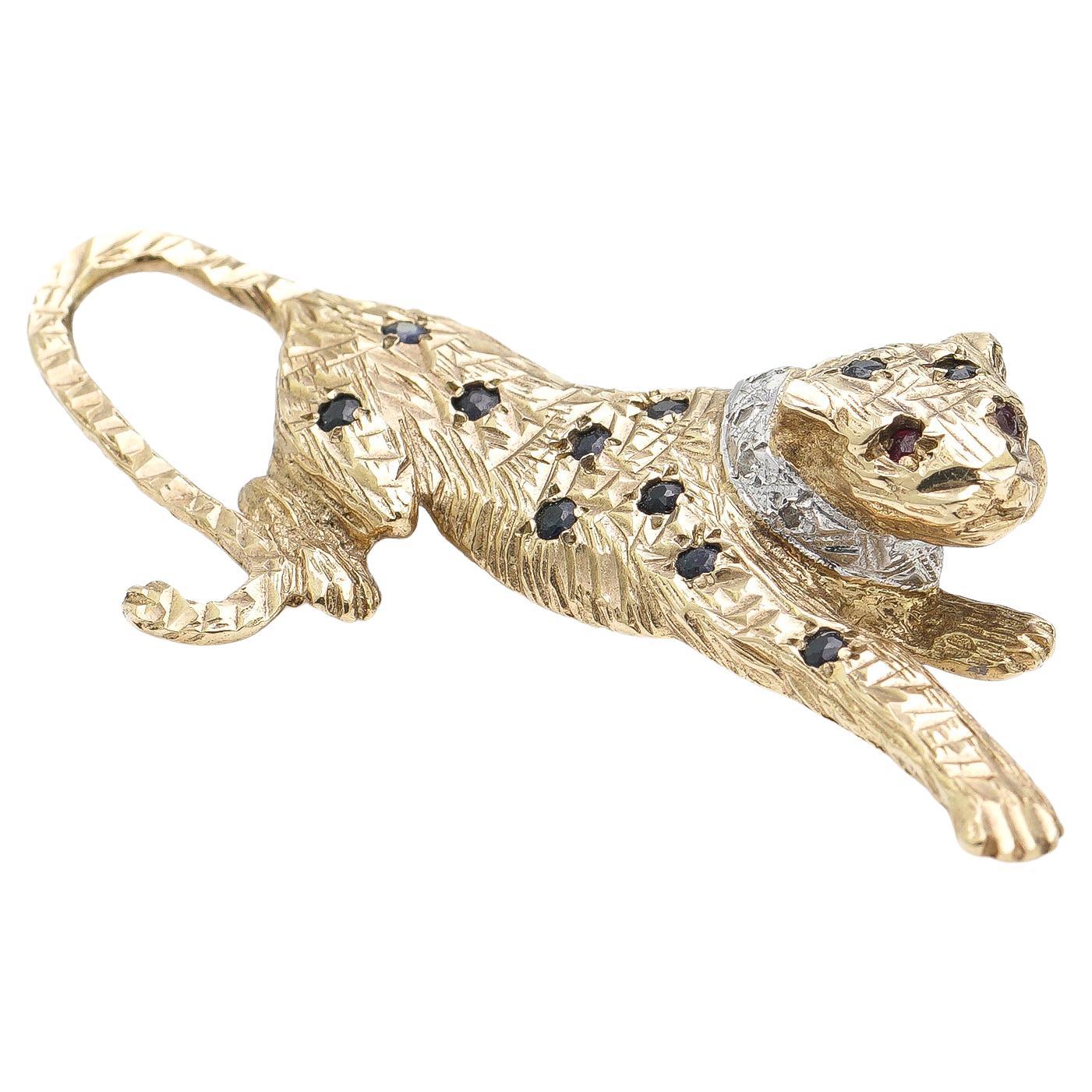 Vintage 9 Kt Gold Leopard Brooch with Diamonds, Sapphires and Rubies, 1970's