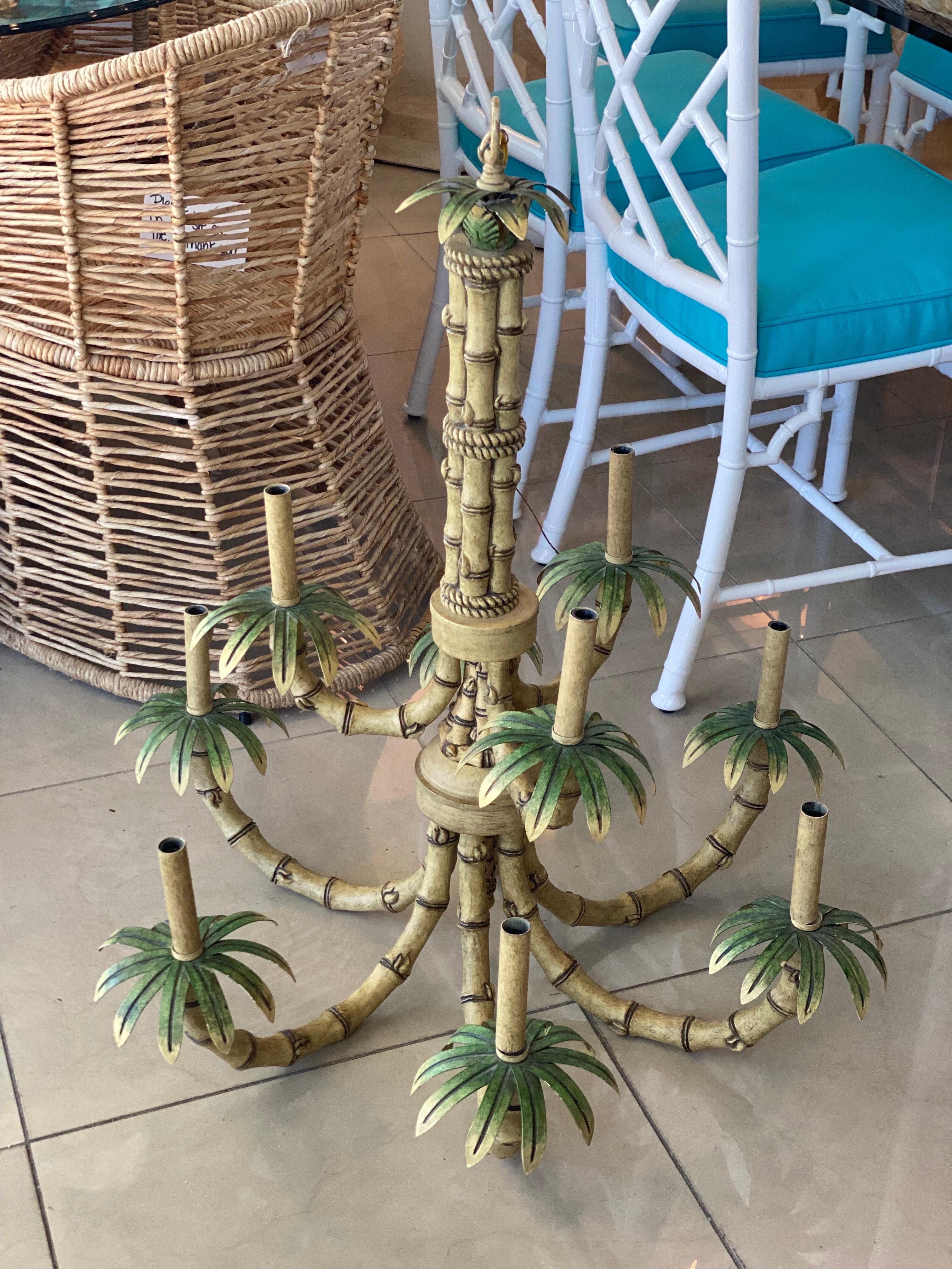 Vintage 9 Light Tropical Palm Tree Faux Bamboo Metal Tole Chandelier & Shades For Sale 1