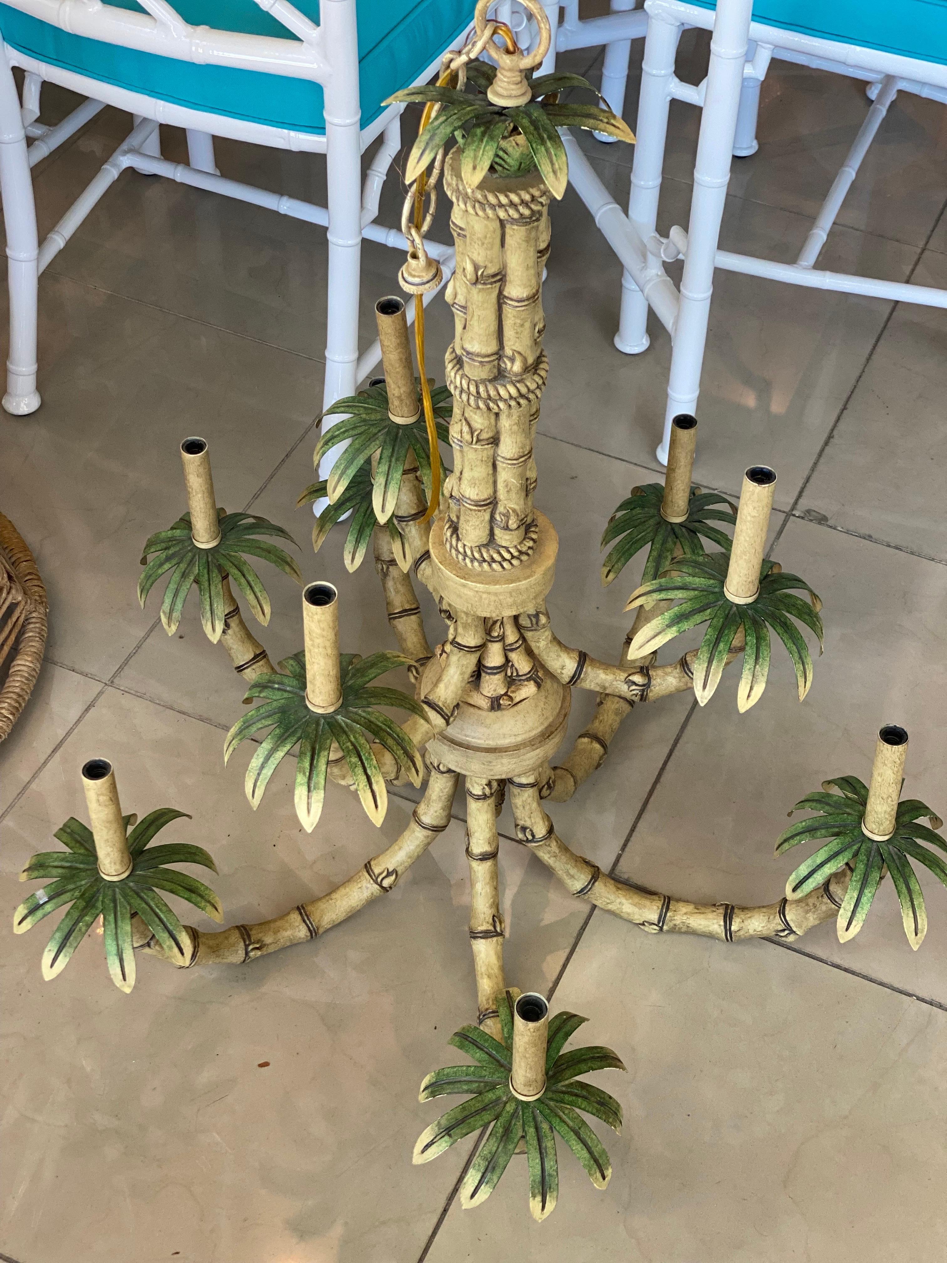 Vintage 9 Light Tropical Palm Tree Faux Bamboo Metal Tole Chandelier & Shades For Sale 2