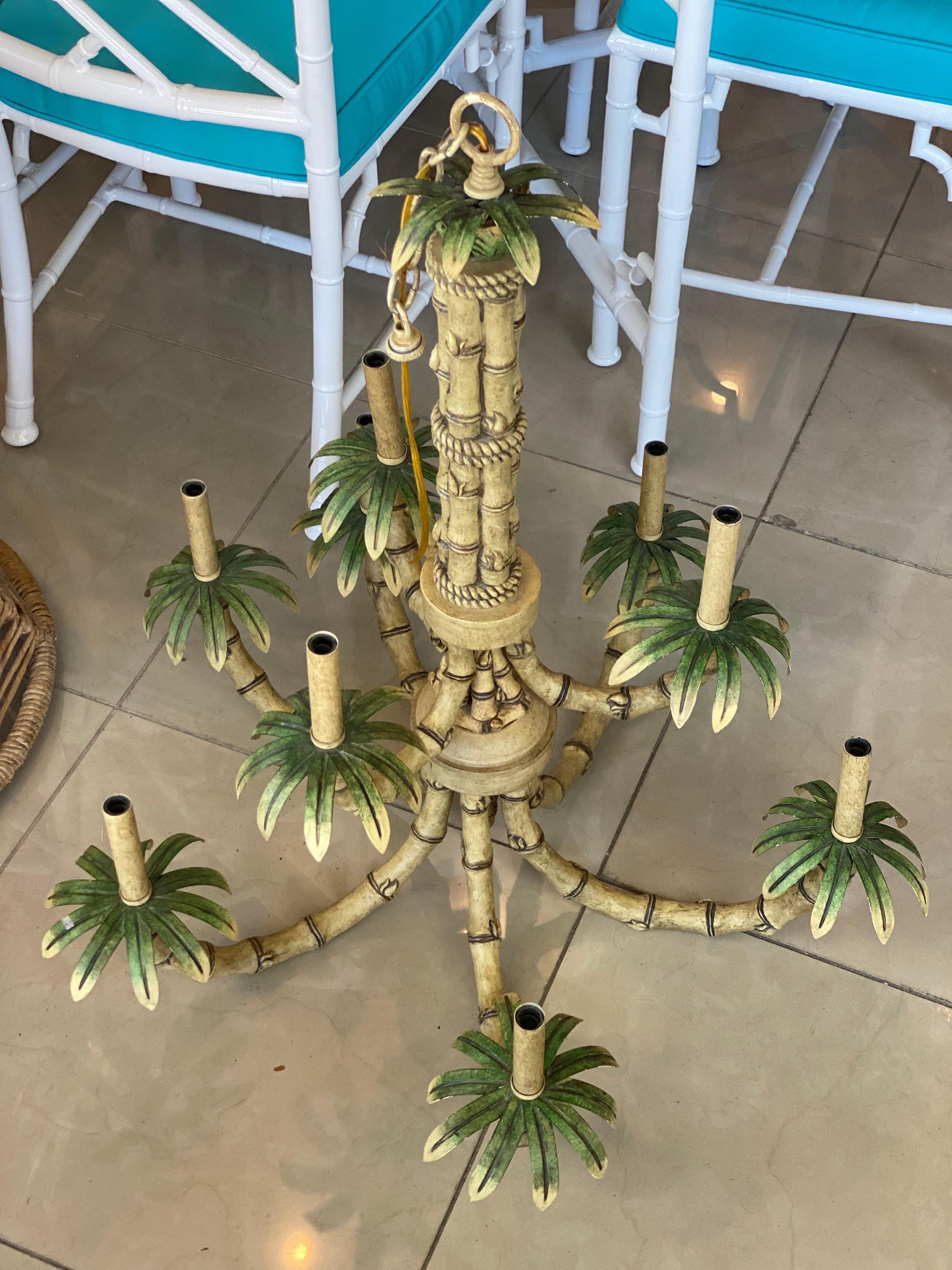Vintage 9 Light Tropical Palm Tree Faux Bamboo Metal Tole Chandelier & Shades For Sale 3