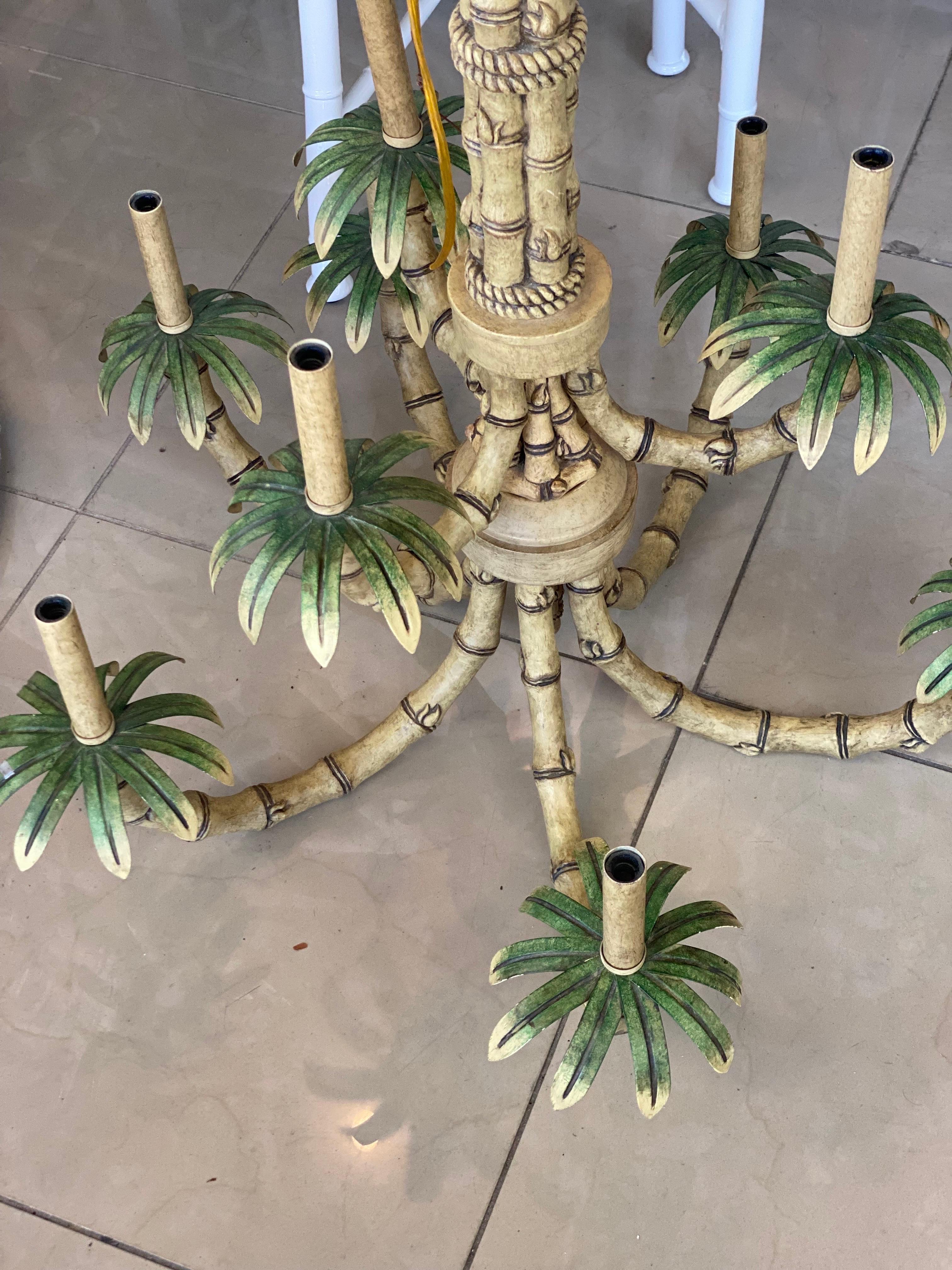 Vintage 9 Light Tropical Palm Tree Faux Bamboo Metal Tole Chandelier & Shades For Sale 4