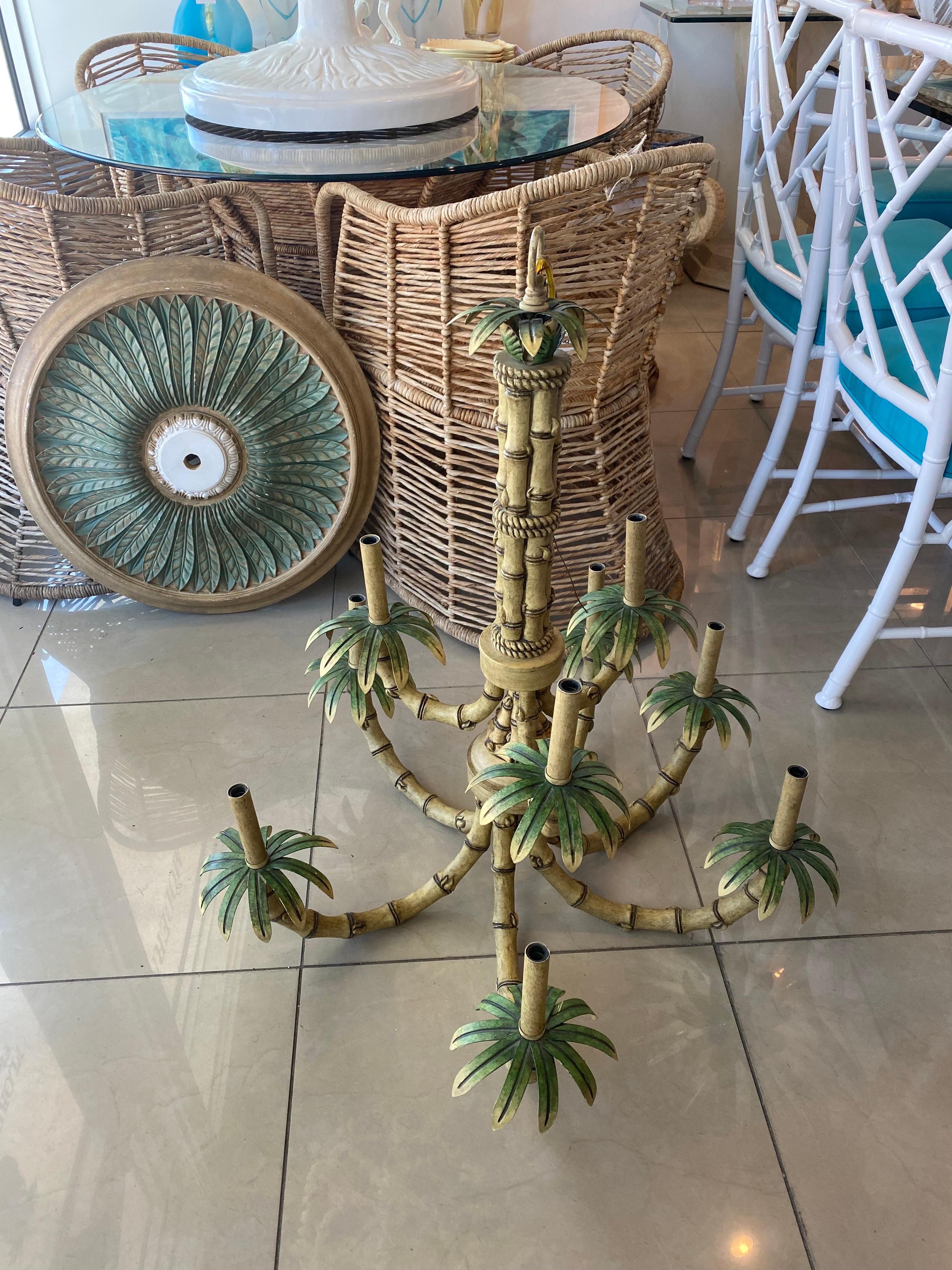Vintage 9 Light Tropical Palm Tree Faux Bamboo Metal Tole Chandelier & Shades For Sale 5