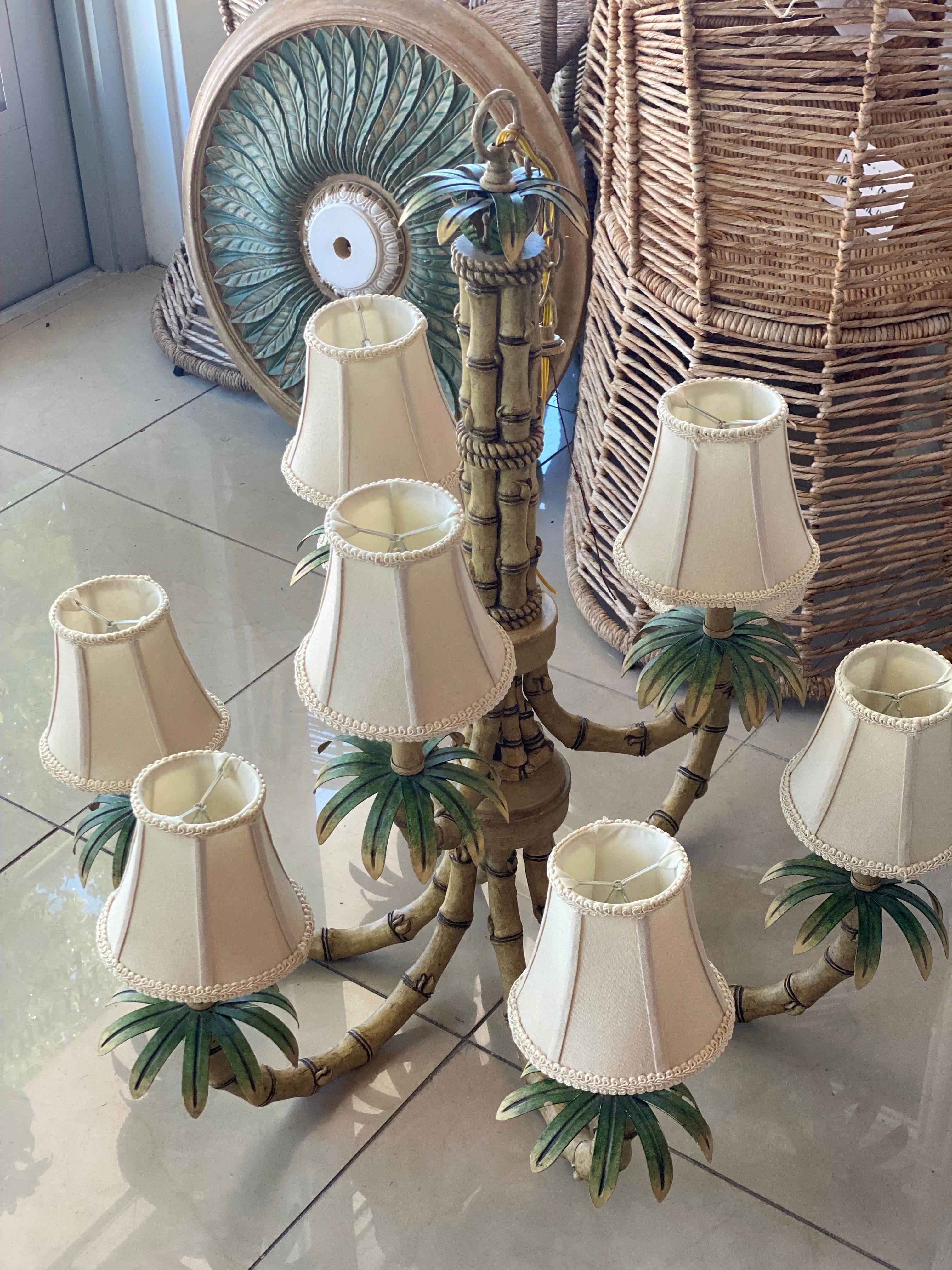 Hollywood Regency Vintage 9 Light Tropical Palm Tree Faux Bamboo Metal Tole Chandelier & Shades For Sale