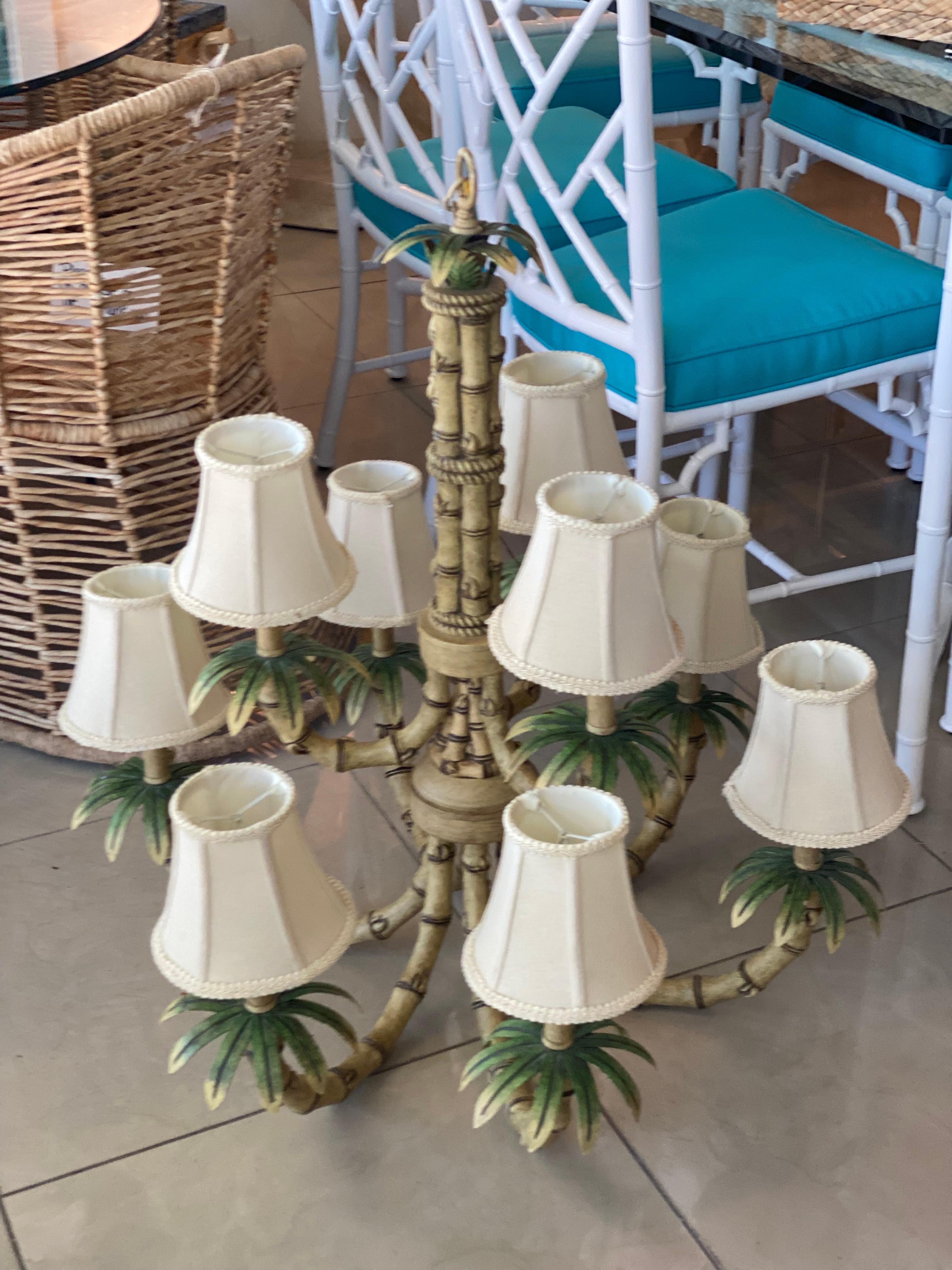 American Vintage 9 Light Tropical Palm Tree Faux Bamboo Metal Tole Chandelier & Shades For Sale