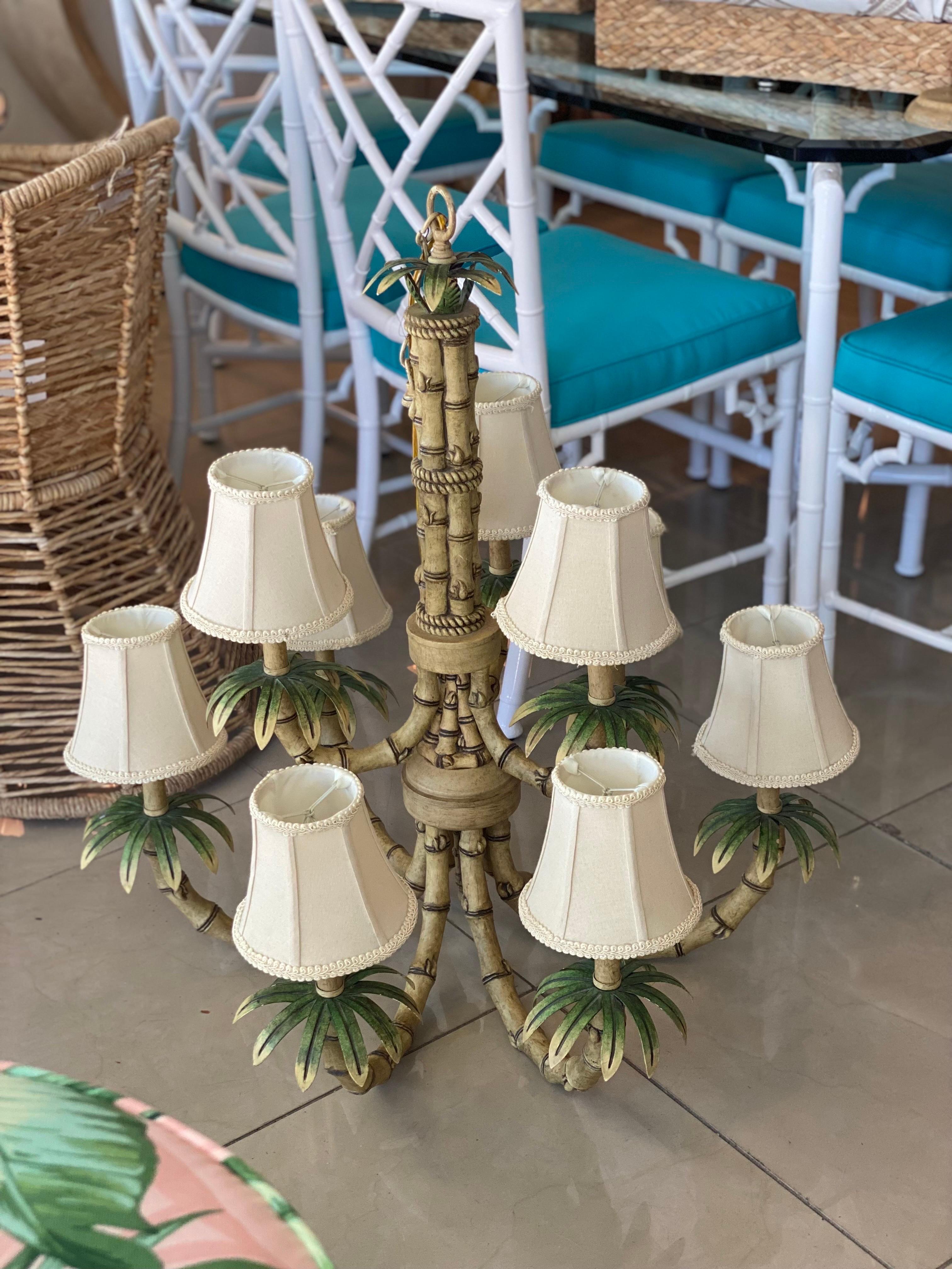 Vintage 9 Light Tropical Palm Tree Faux Bamboo Metal Tole Chandelier & Shades In Good Condition For Sale In West Palm Beach, FL