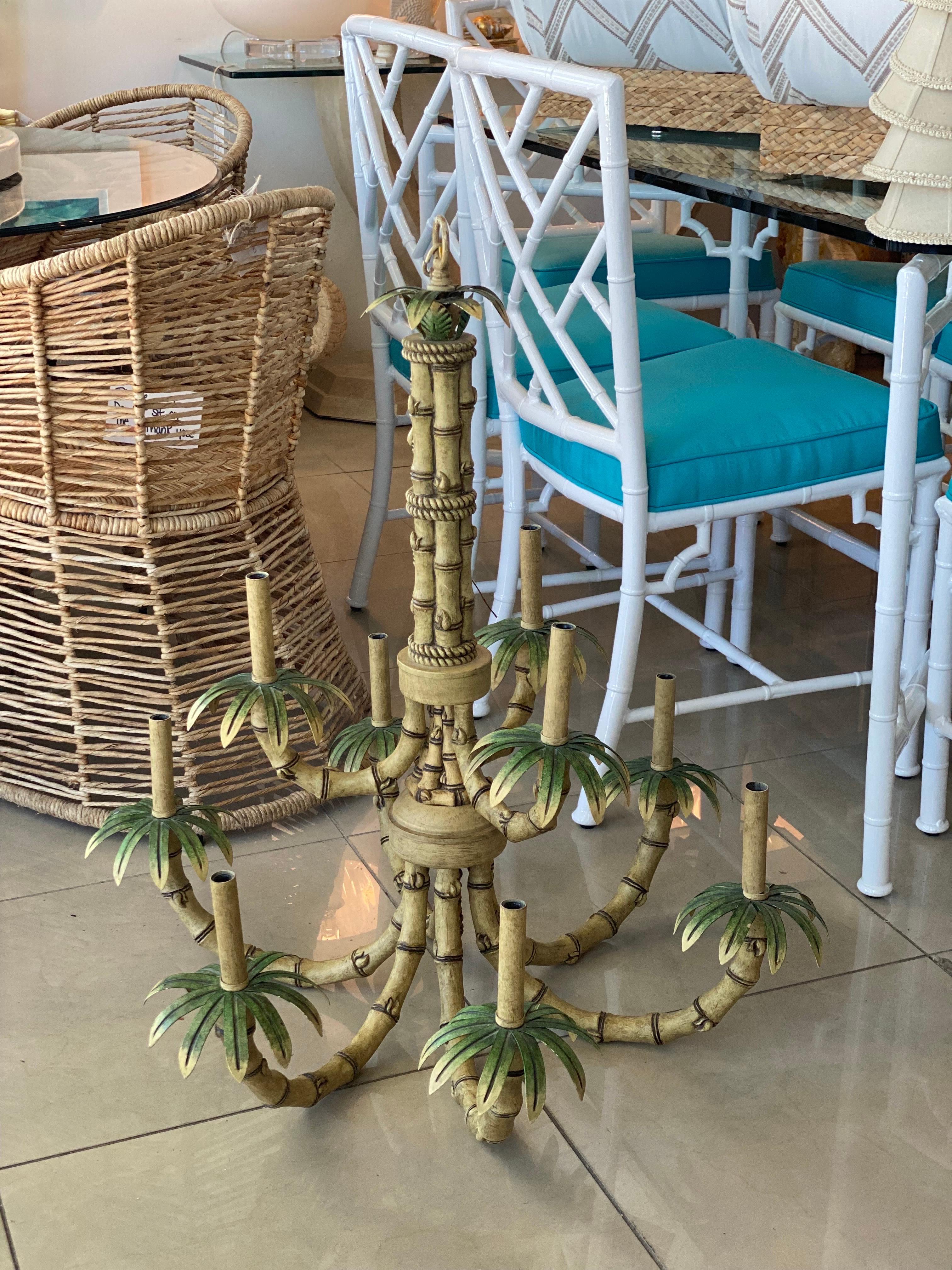 Late 20th Century Vintage 9 Light Tropical Palm Tree Faux Bamboo Metal Tole Chandelier & Shades For Sale
