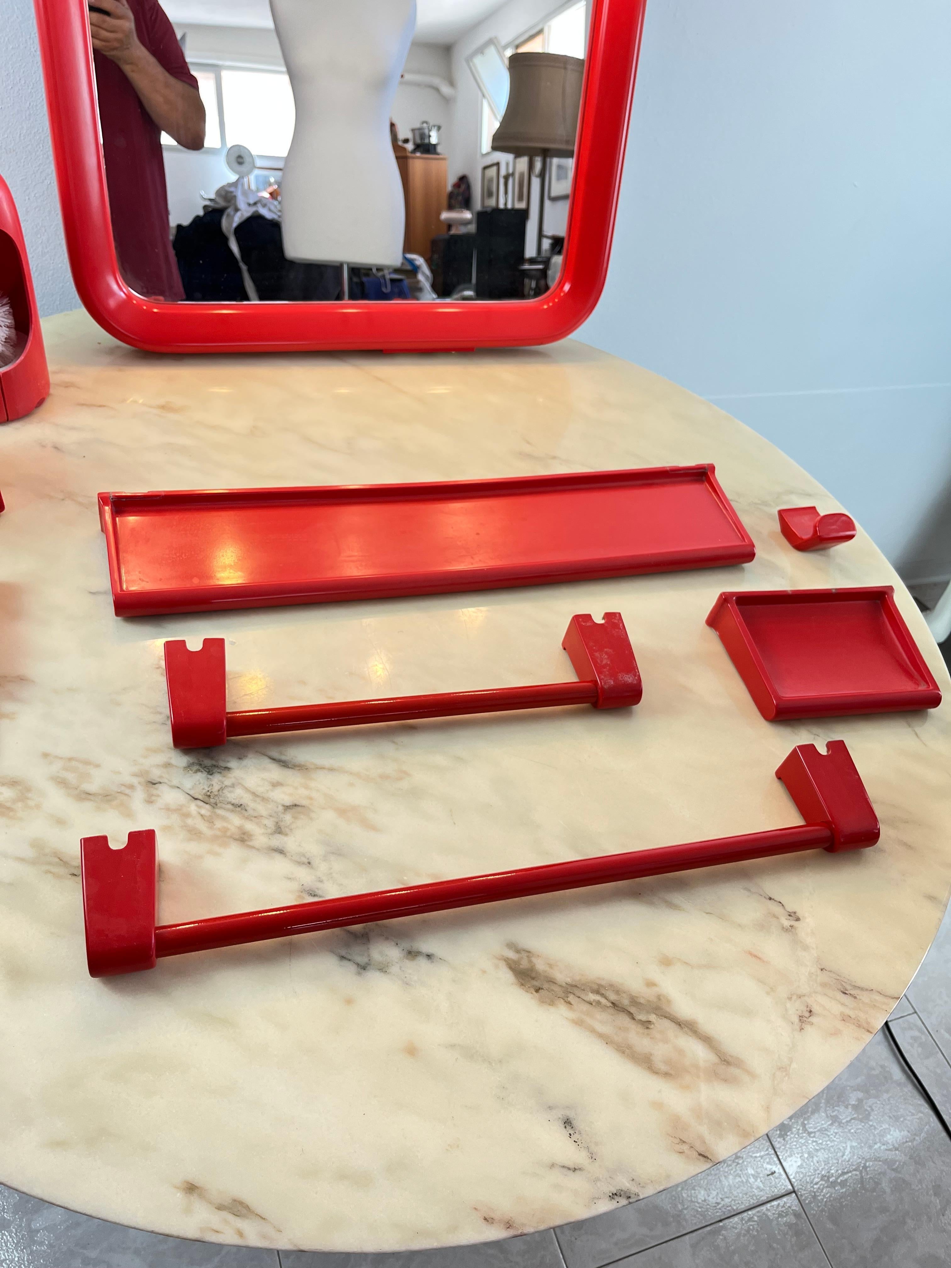 Italian Vintage 9-piece Mirror and Bathroom Accessory Set in red plastic, Italy, 1970s For Sale