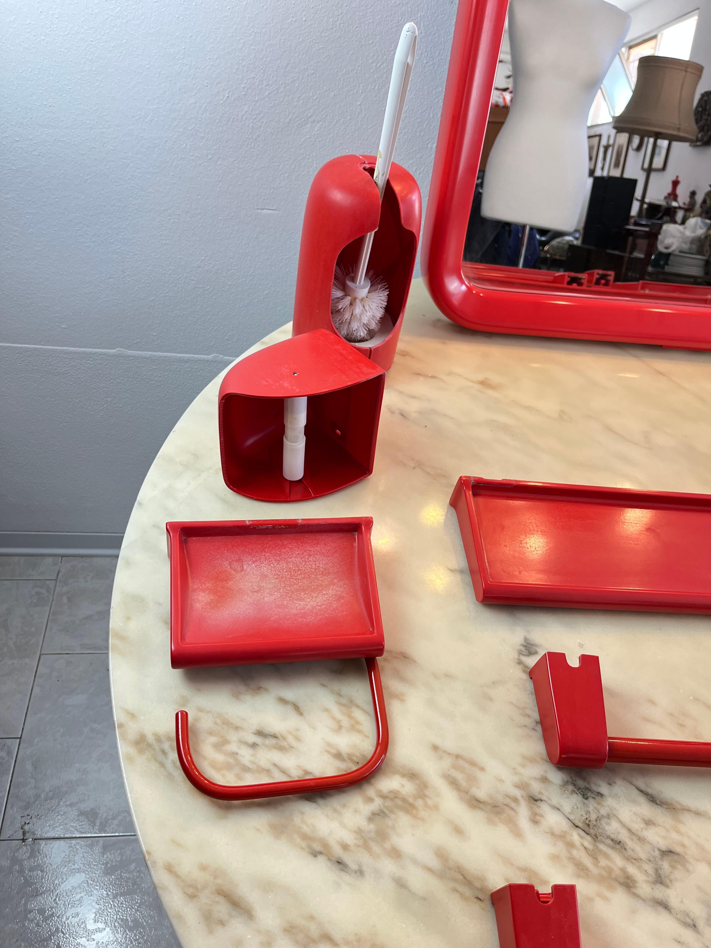 Other Vintage 9-piece Mirror and Bathroom Accessory Set in red plastic, Italy, 1970s For Sale