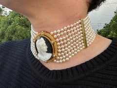 Vintage 9 Strand Choker w/ 18k Gold Spacer Clasp & Carved Cameo Agate Center