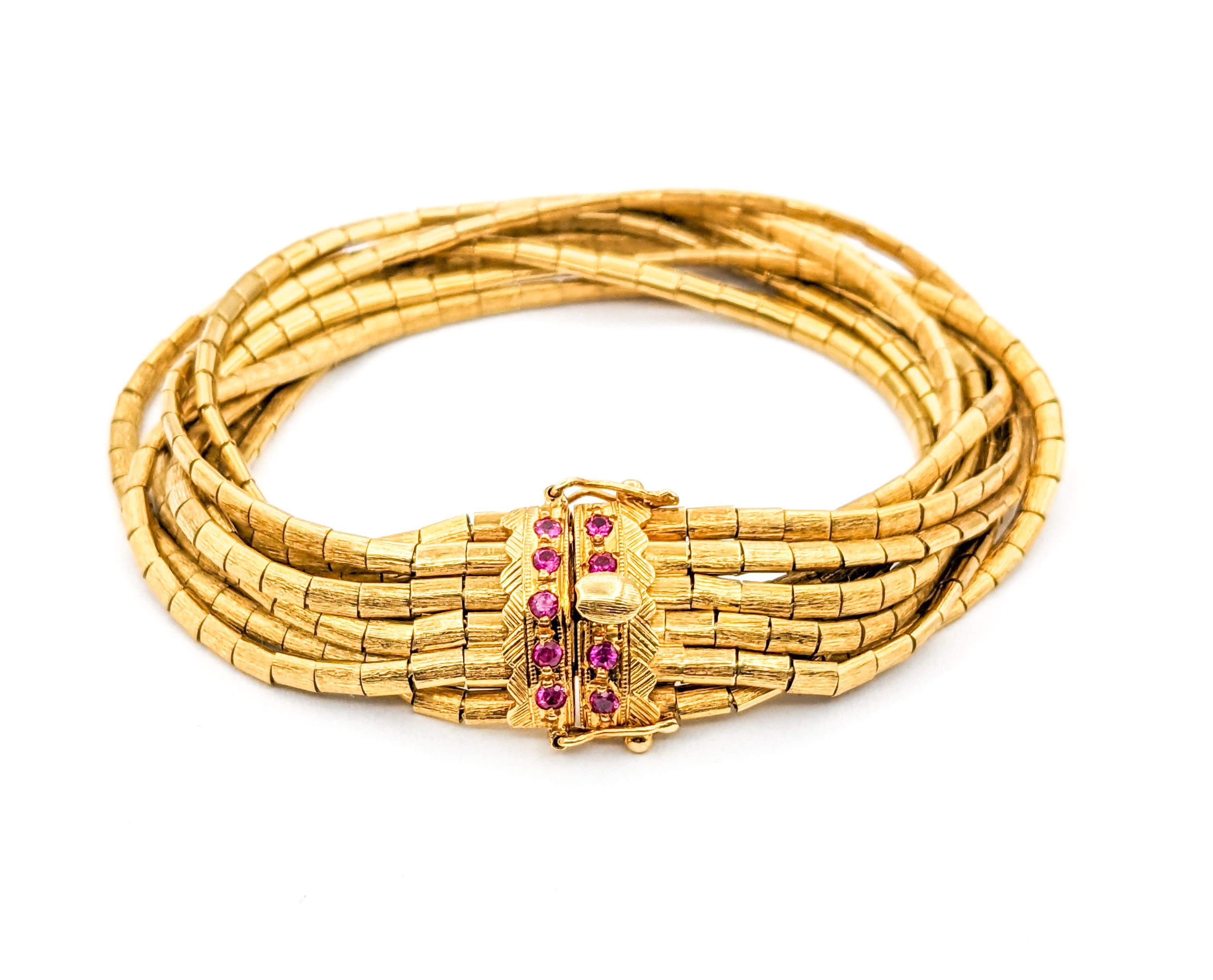 Women's Vintage 9-Strand Ruby Bracelet In Yellow Gold For Sale