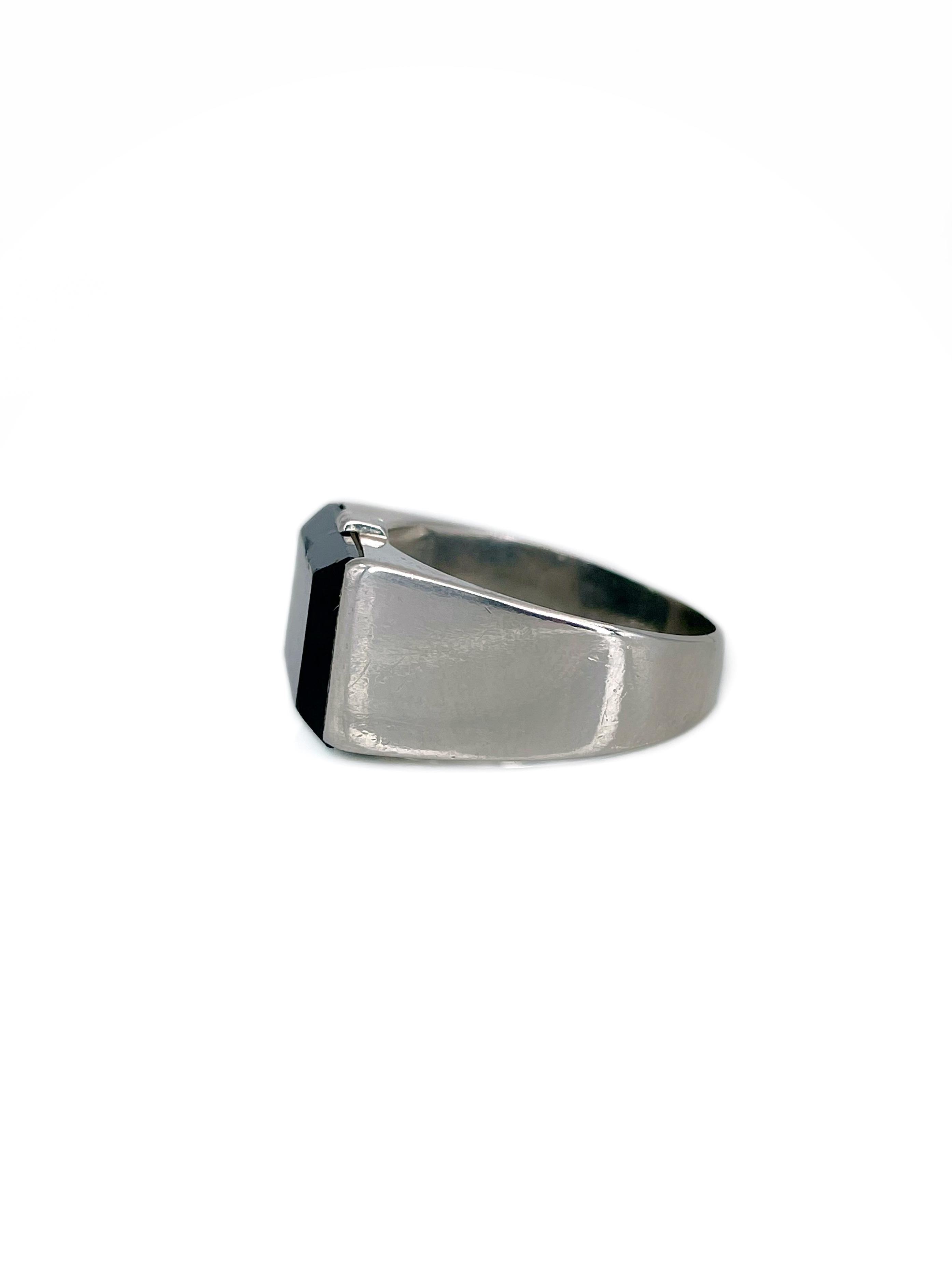 Square Cut Vintage 900 Platinum Black Onyx Rectangle Signet Ring For Sale