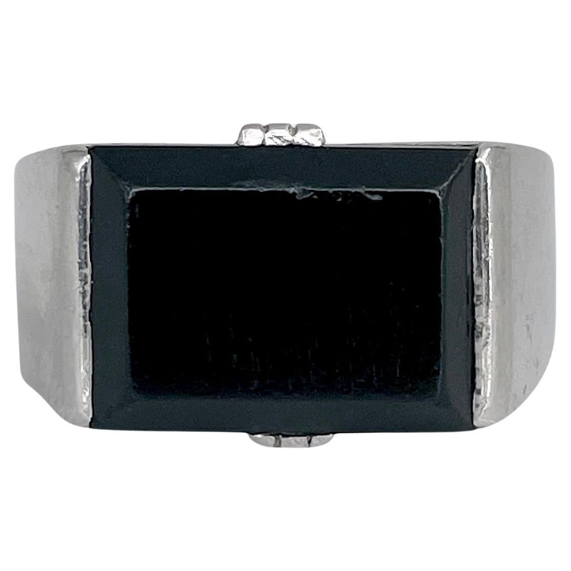 Vintage 900 Platinum Black Onyx Rectangle Signet Ring