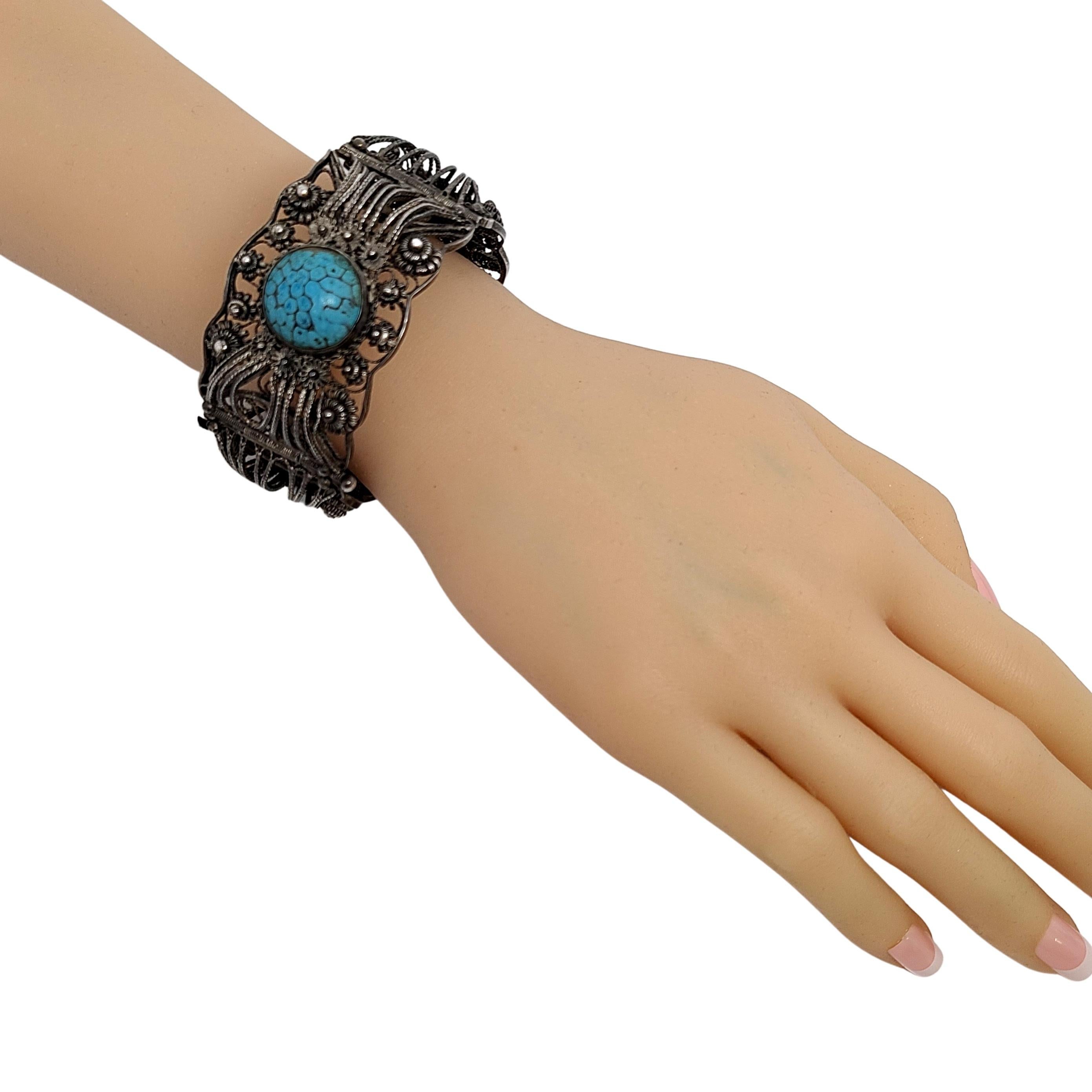 900 Silver Filigree Turquoise Hinged Panel Bracelet For Sale 1