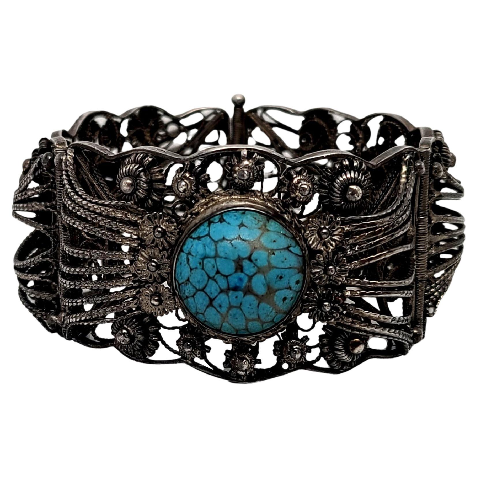 900 Silver Filigree Turquoise Hinged Panel Bracelet For Sale
