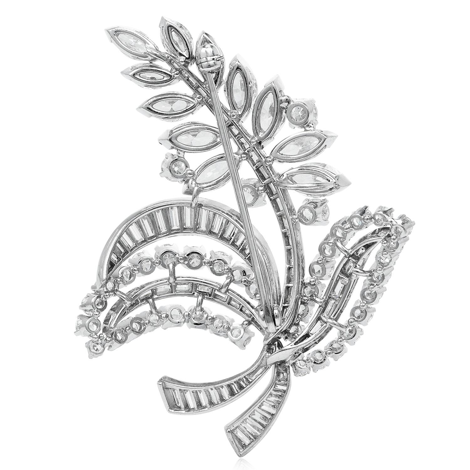 Retro Vintage 9.00ct Diamond Platinum Lavender Flower Leaf Brooch Pin Pendant
