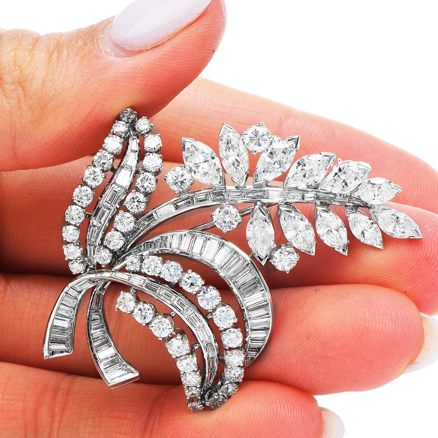 Women's or Men's Vintage 9.00ct Diamond Platinum Lavender Flower Leaf Brooch Pin Pendant
