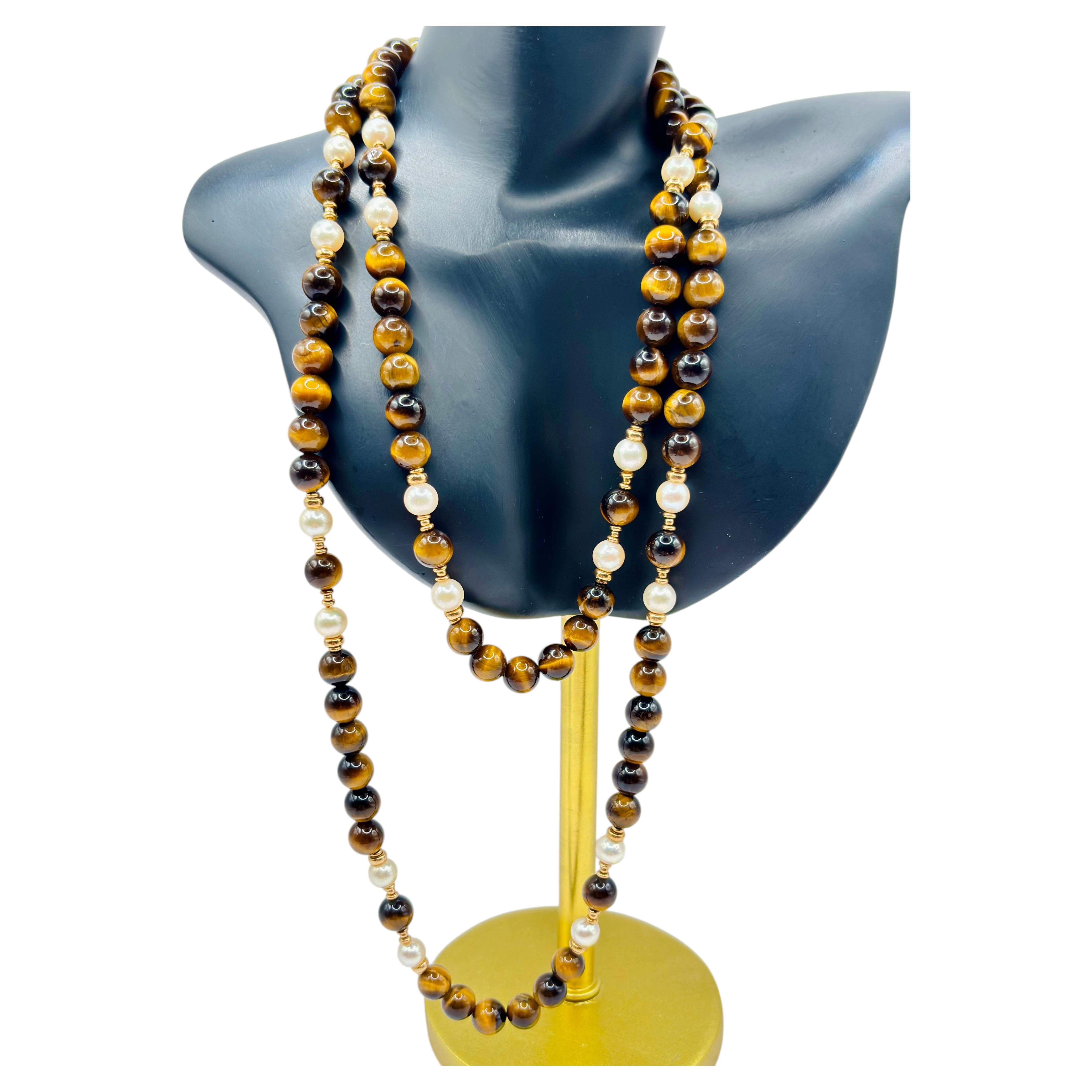 Vintage 90cm Long Tigers Eye, Pearl and Gold Continuous Bead Necklace For Sale