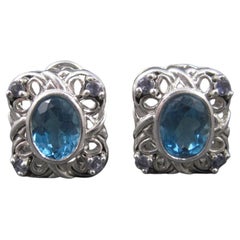 Vintage 90s 10K White Gold Blue Topaz Iolite French Back Earrings