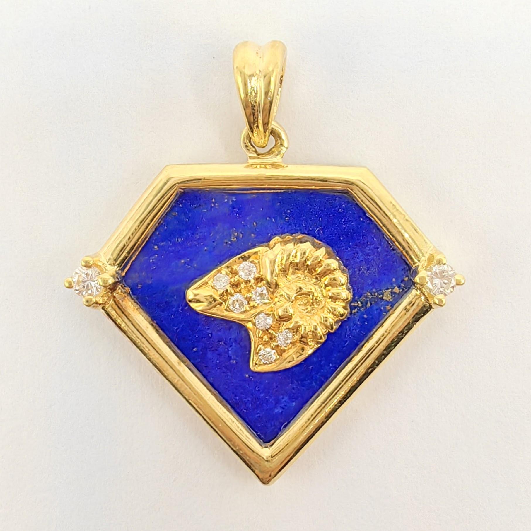 Introducing the Vintage 90's Aries Blue Lapis Diamond Necklace Pendant in 20K Yellow Gold. This pendant is a true embodiment of celestial beauty and timeless elegance.

At the heart of this pendant lies a beautifully crafted Aries zodiac motif in