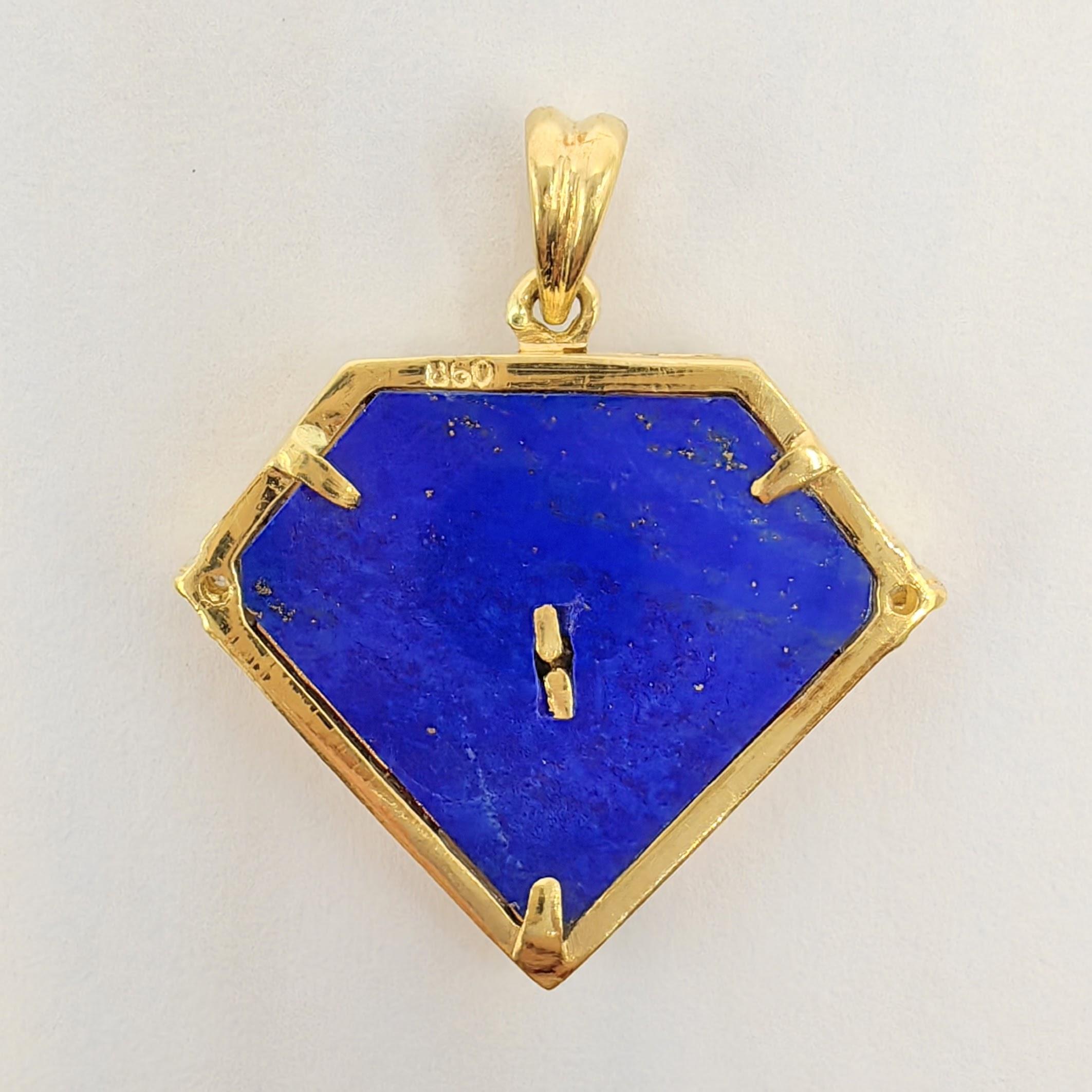 Contemporary Vintage 90's Aries Blue Lapis Diamond Necklace Pendant in 20K Yellow Gold For Sale