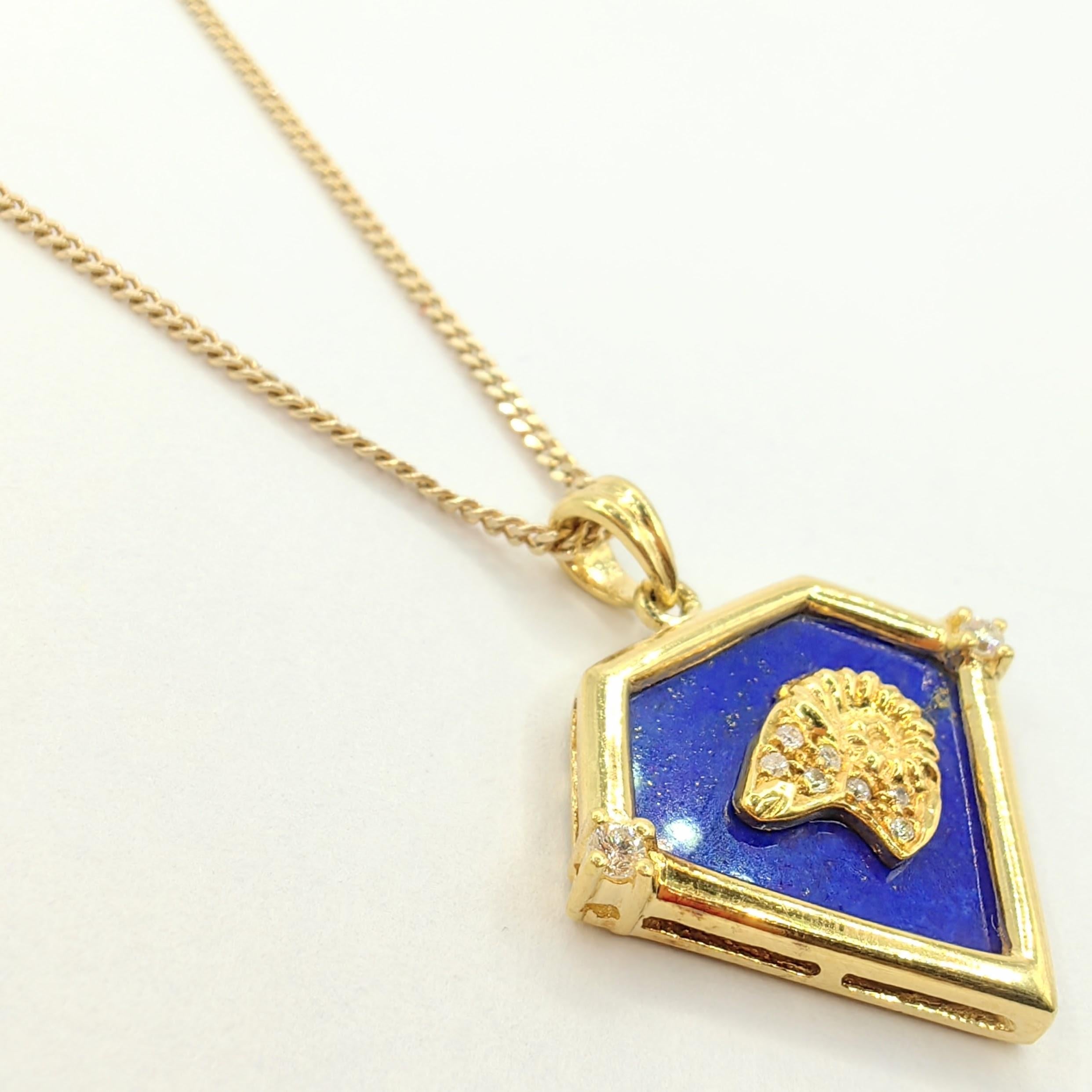 Round Cut Vintage 90's Aries Blue Lapis Diamond Necklace Pendant in 20K Yellow Gold