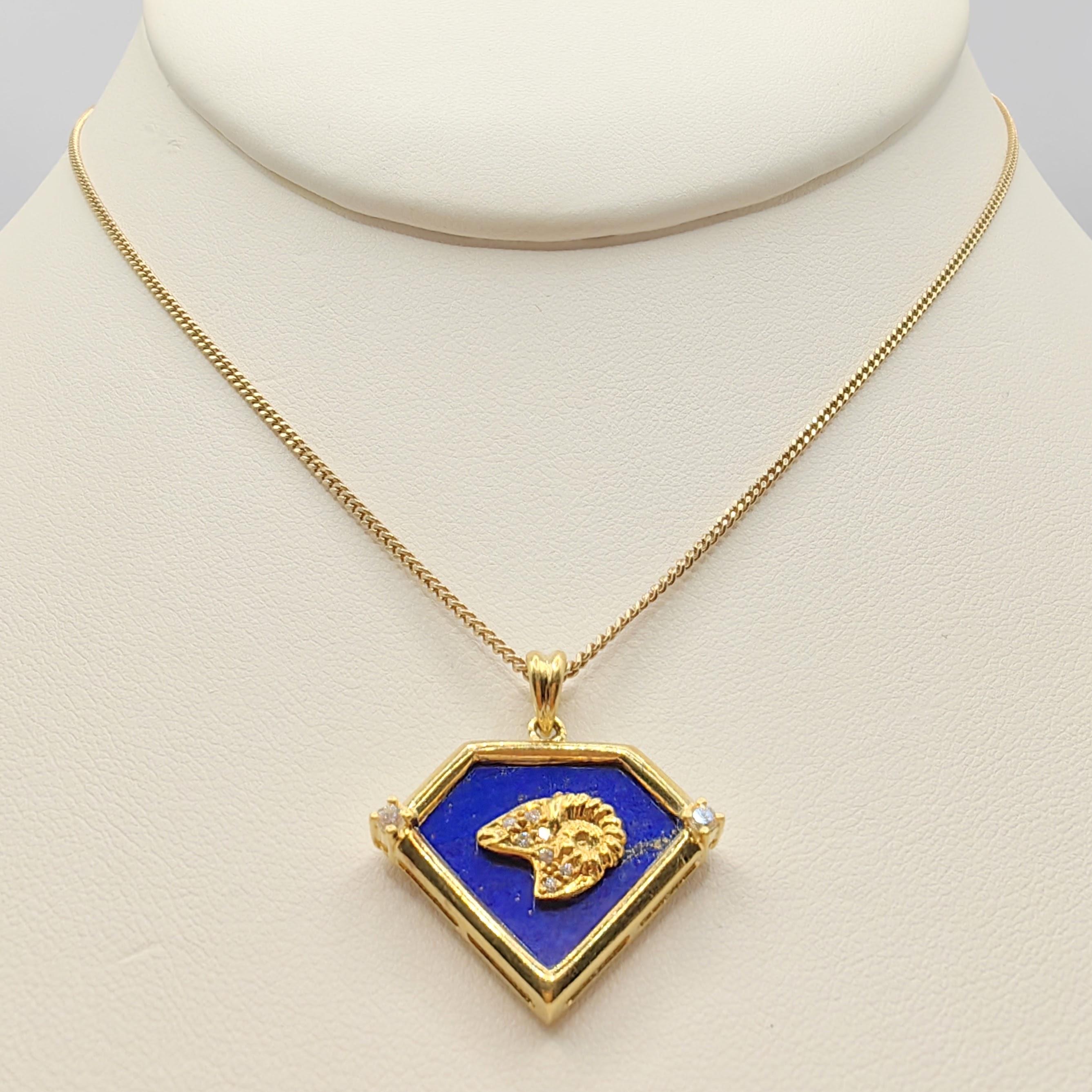 Women's or Men's Vintage 90's Aries Blue Lapis Diamond Necklace Pendant in 20K Yellow Gold