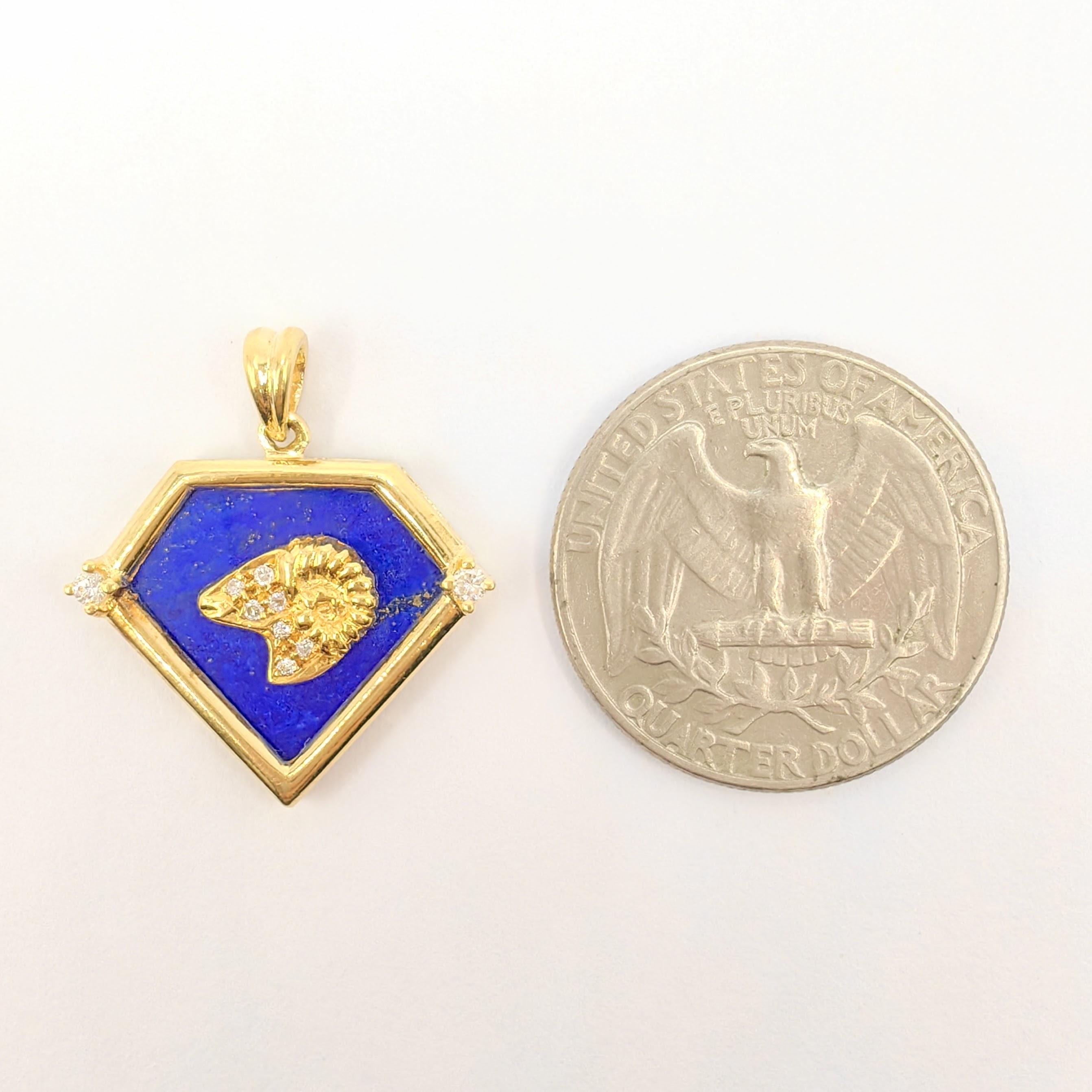 Vintage 90's Aries Blue Lapis Diamond Necklace Pendant in 20K Yellow Gold 2