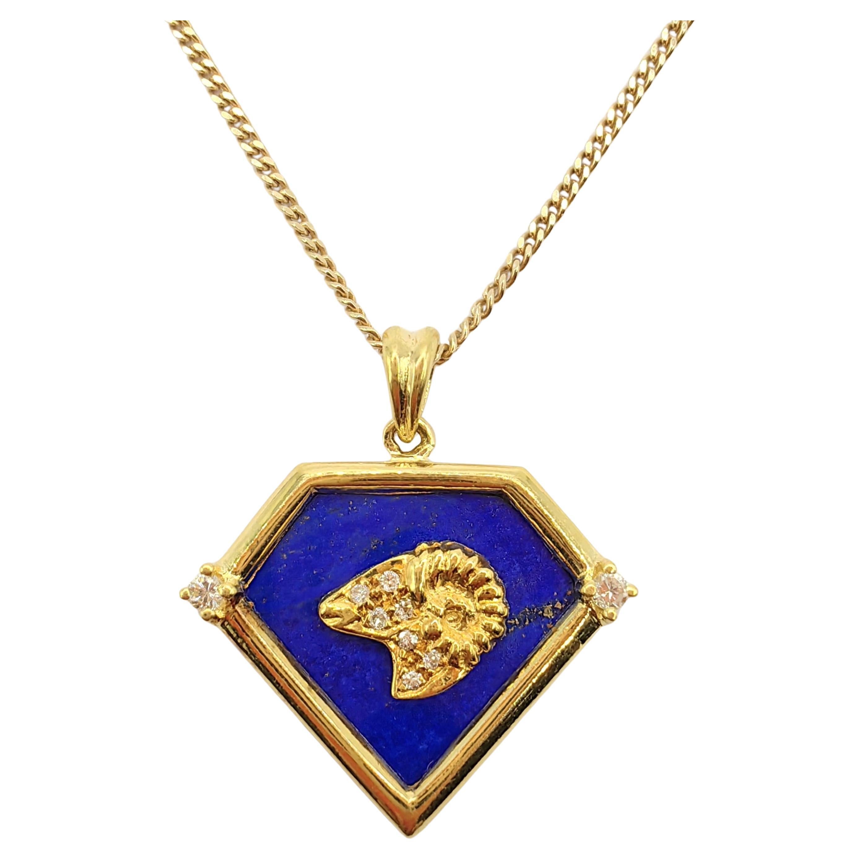 Vintage 90's Aries Blue Lapis Diamond Necklace Pendant in 20K Yellow Gold For Sale