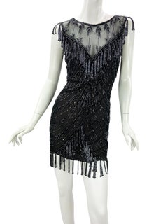 Vintage 90's Bob Mackie Black Fully Beaded Mini Fringe Dress