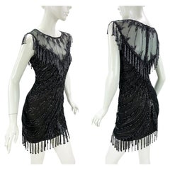 Vintage 90's Bob Mackie Black Fully Beaded Mini Fringe Dress