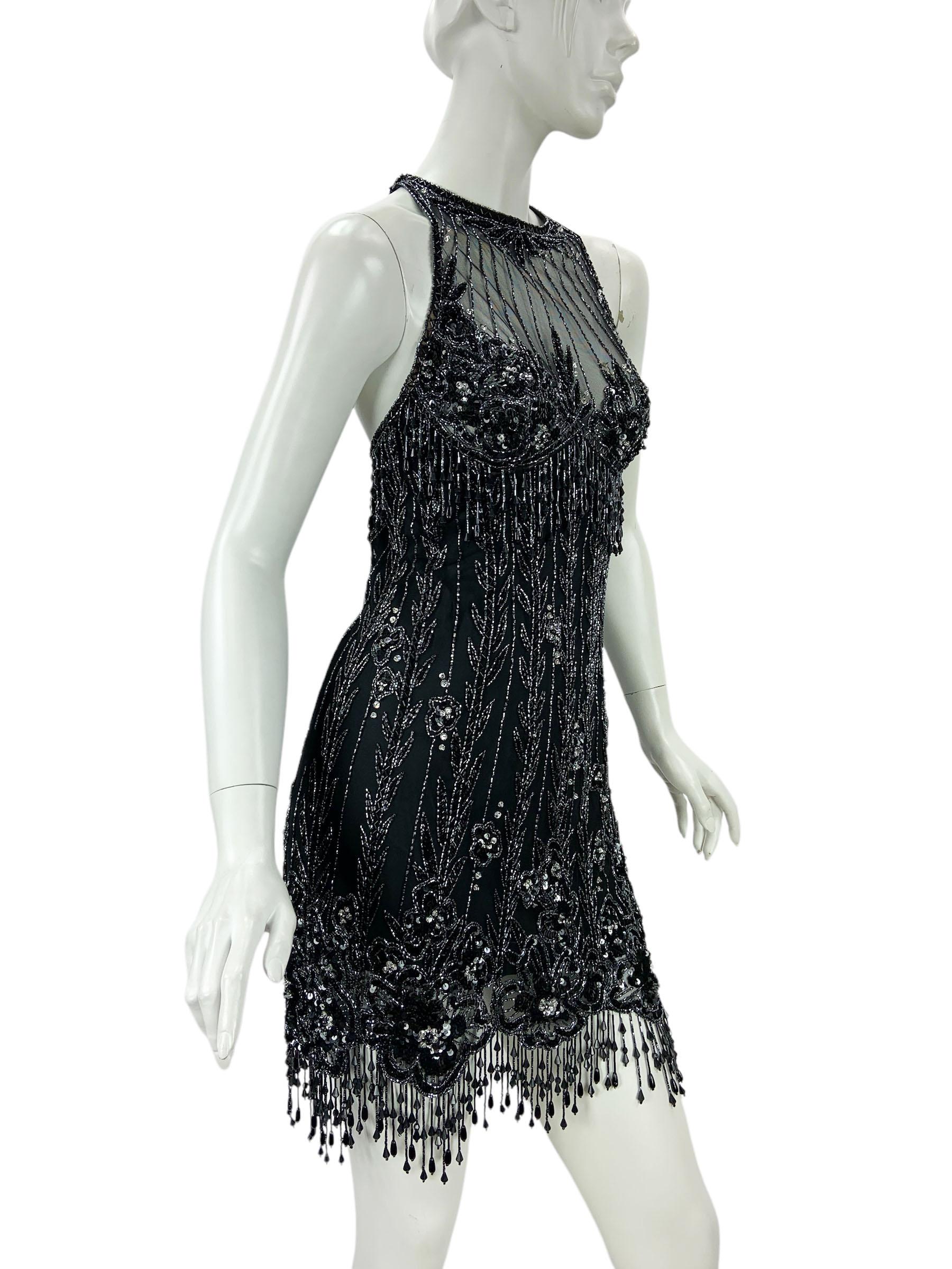 Nero Vintage anni '90 Bob Mackie, mini abito nero con frange e perline, taglia S in vendita