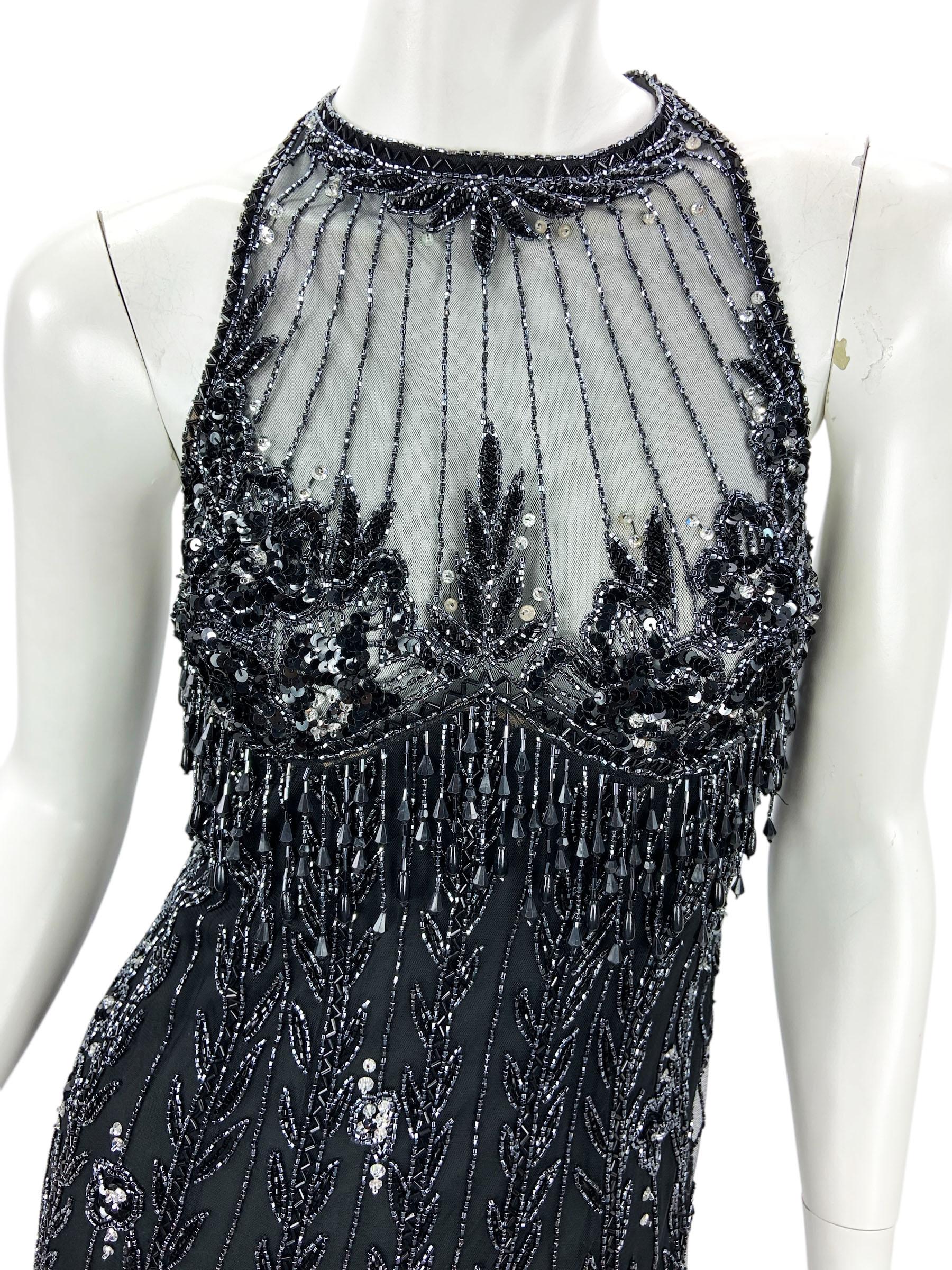 da uomo o donna Vintage anni '90 Bob Mackie, mini abito nero con frange e perline, taglia S in vendita