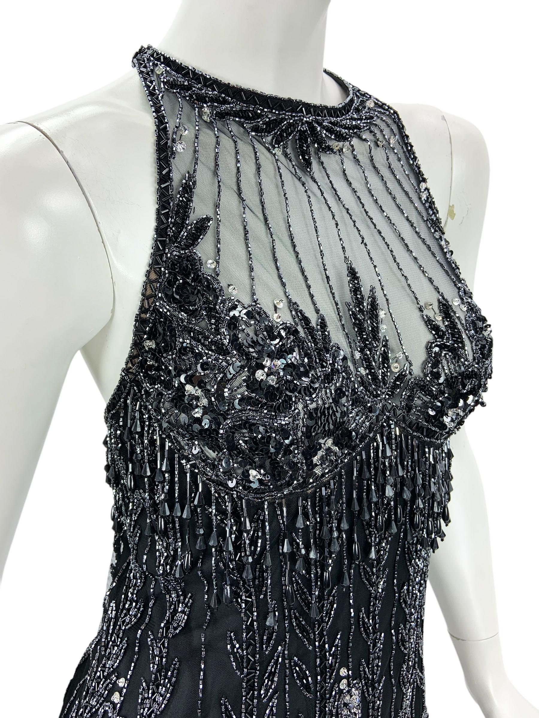 Vintage anni '90 Bob Mackie, mini abito nero con frange e perline, taglia S in vendita 1
