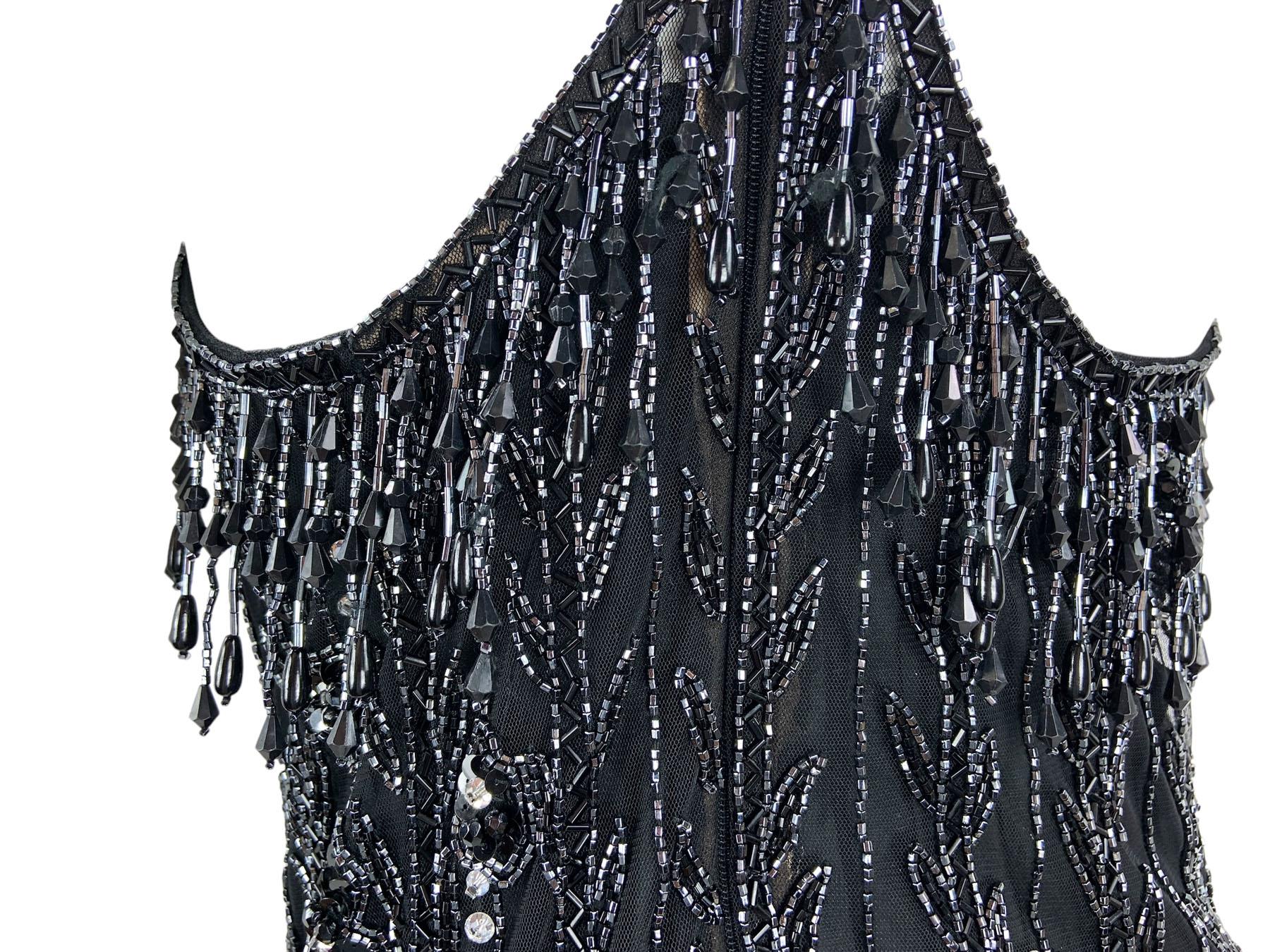 Vintage anni '90 Bob Mackie, mini abito nero con frange e perline, taglia S in vendita 2