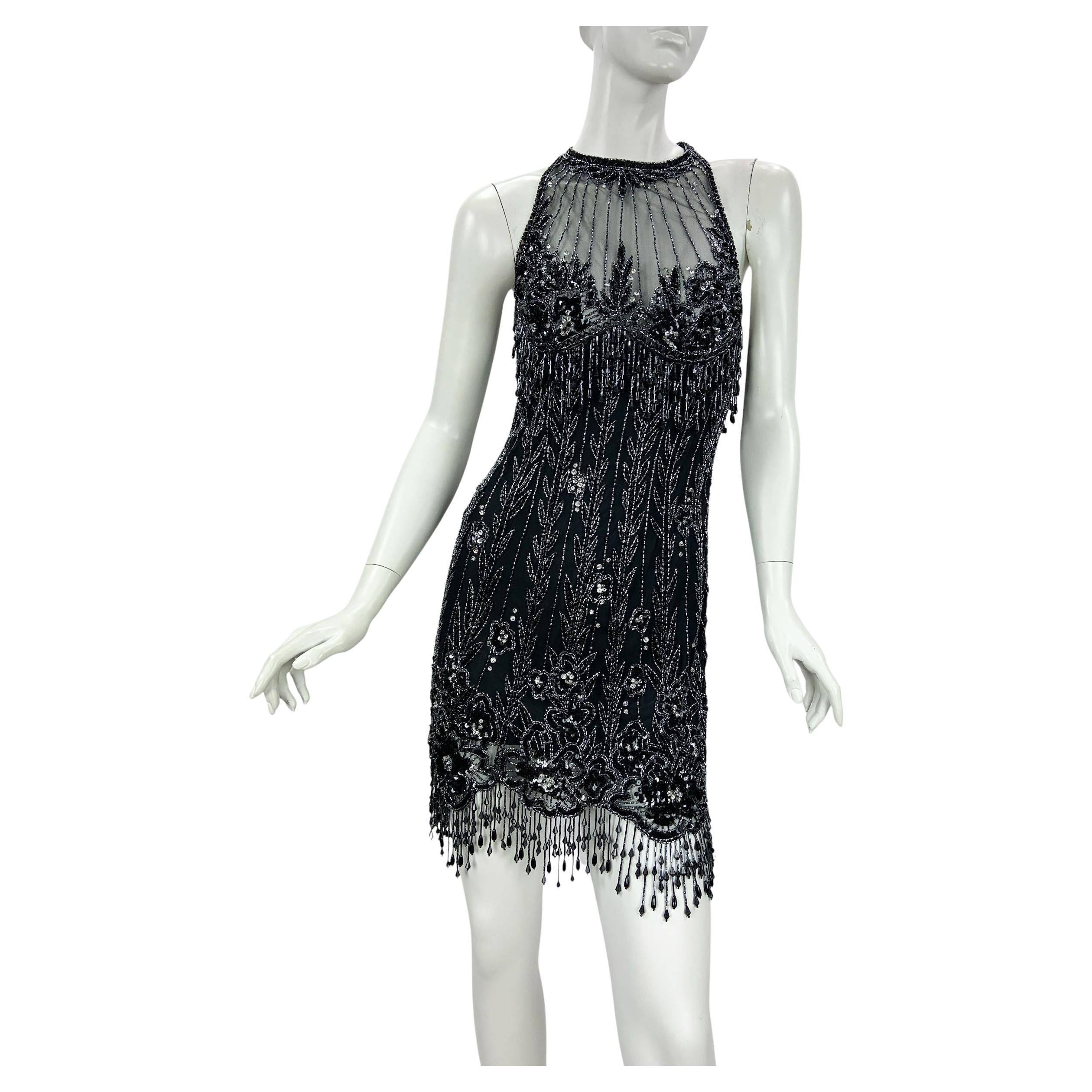 Vintage anni '90 Bob Mackie, mini abito nero con frange e perline, taglia S in vendita