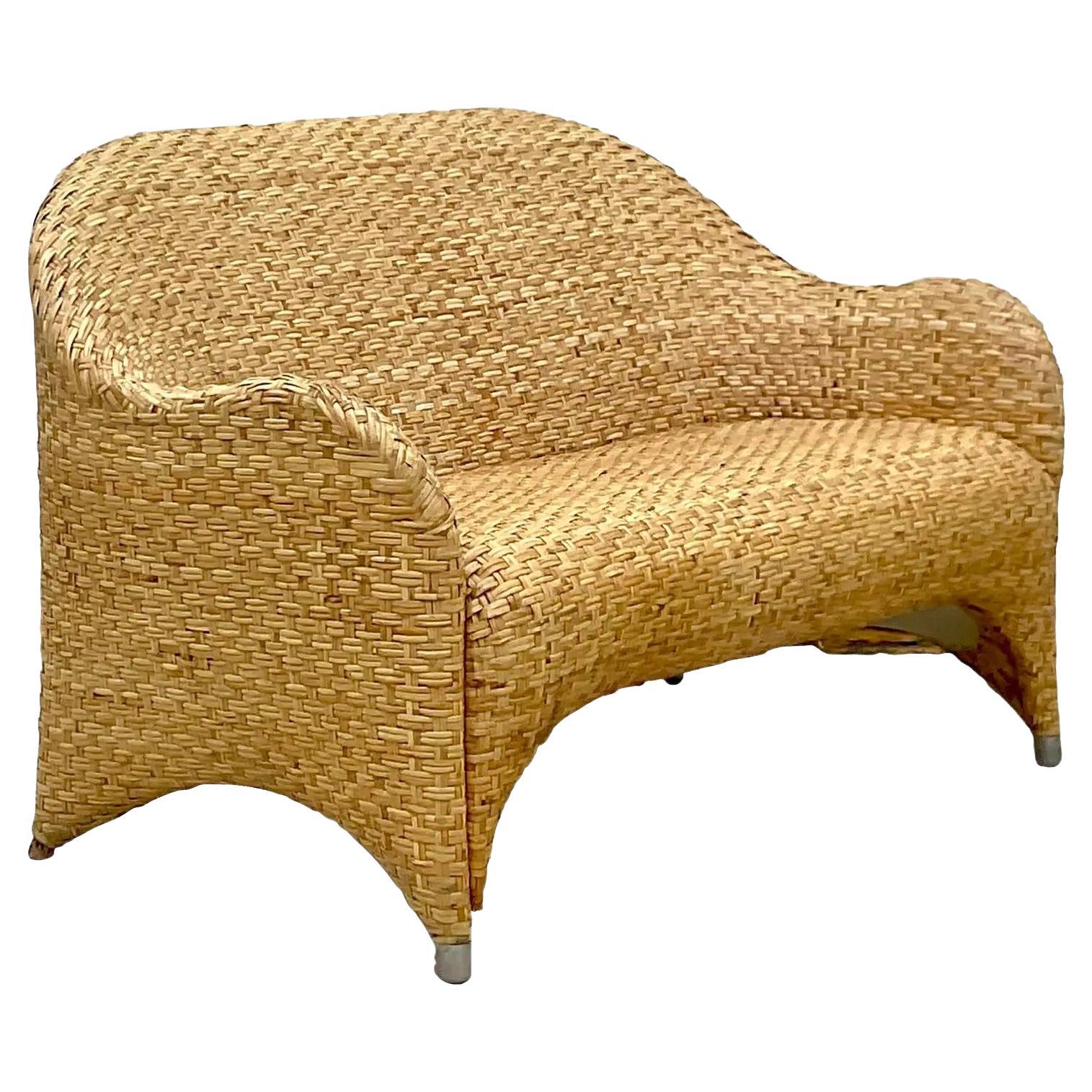 Late 20th Century Boho Chic Rattan and Wicker Tuxedo Style Upholstered Loveseat So For Sale at