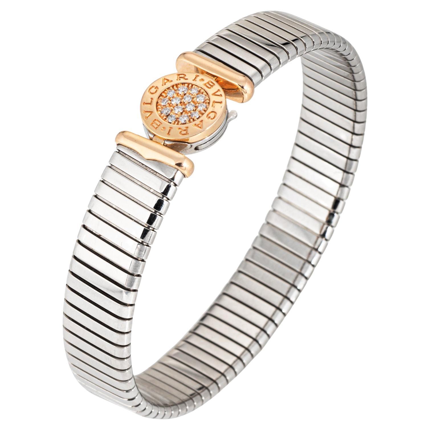 Vintage 90s Bulgari Tubogas Bracelet Diamond 18k Gold Stainless Steel Bangle en vente
