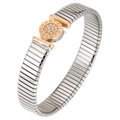 Vintage 90s Bulgari Tubogas Bracelet Diamond 18k Gold Stainless Steel Bangle
