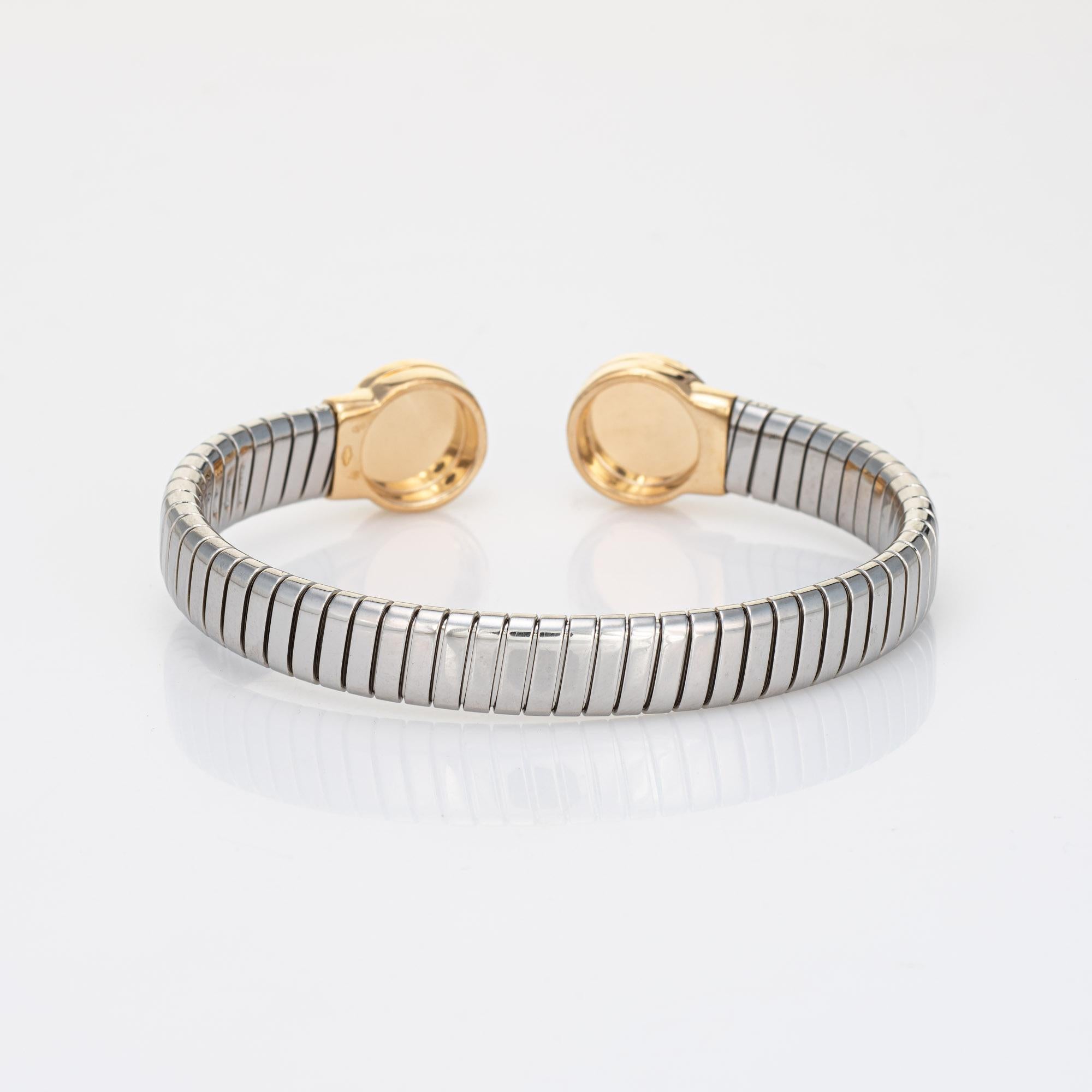 Stylish vintage Bulgari 'Tubogas' bracelet crafted in 18k yellow gold and stainless steel (circa 1990s).  

The bracelet is designed to resemble a flexible gas pipe, finished with onyx set 18k gold ends. The Tubogas design requires a great amount of