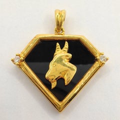 Vintage 90's Capricorn Black Onyx Diamond Necklace Pendant in 20K Yellow Gold