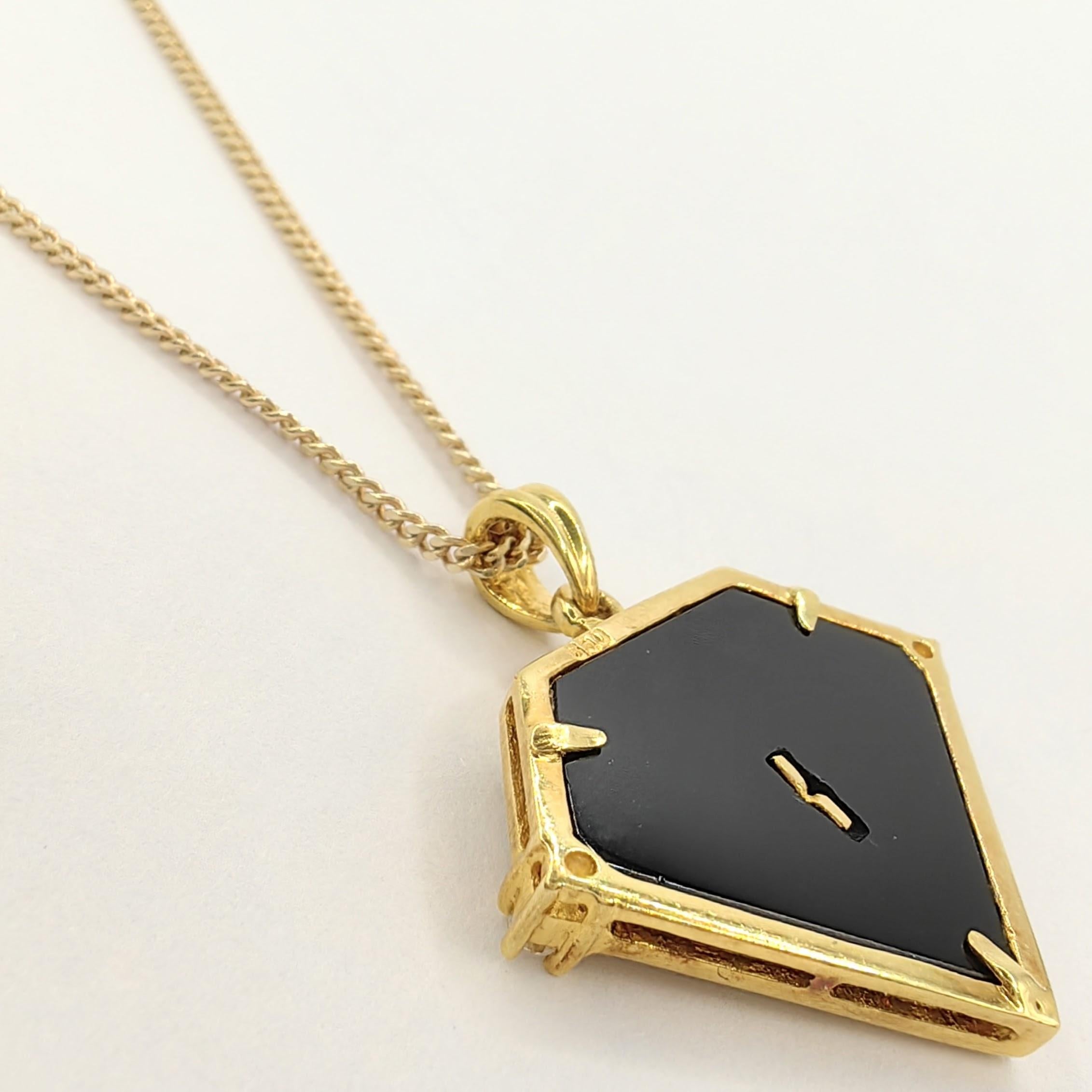 Contemporary Vintage 90's Capricorn Black Onyx Diamond Necklace Pendant in 20K Yellow Gold For Sale