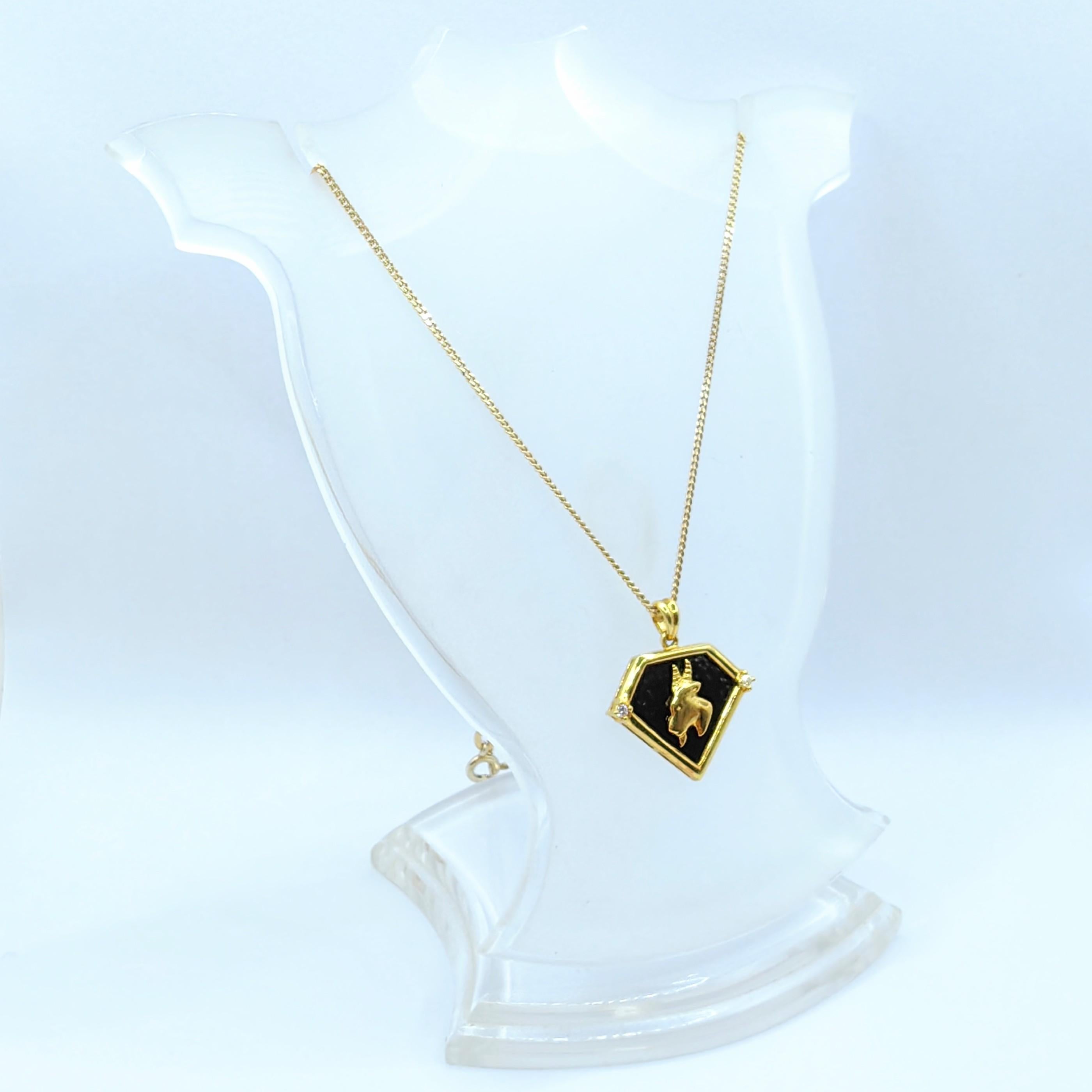 Round Cut Vintage 90's Capricorn Black Onyx Diamond Necklace Pendant in 20K Yellow Gold For Sale