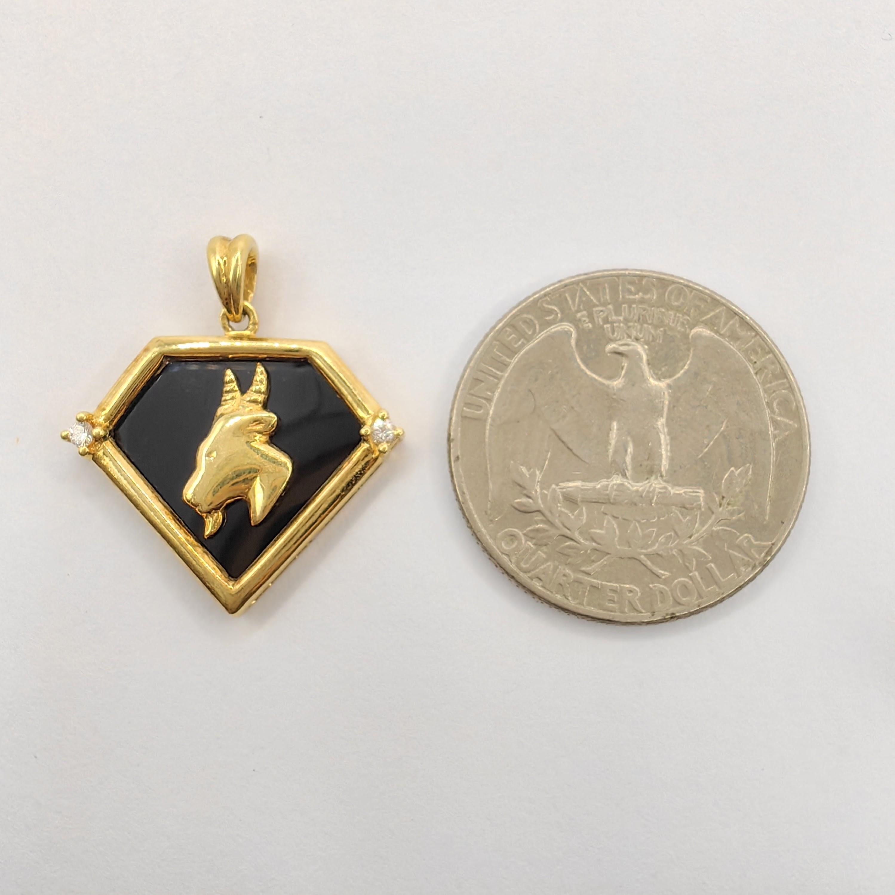Vintage 90's Capricorn Black Onyx Diamond Necklace Pendant in 20K Yellow Gold In New Condition For Sale In Wan Chai District, HK