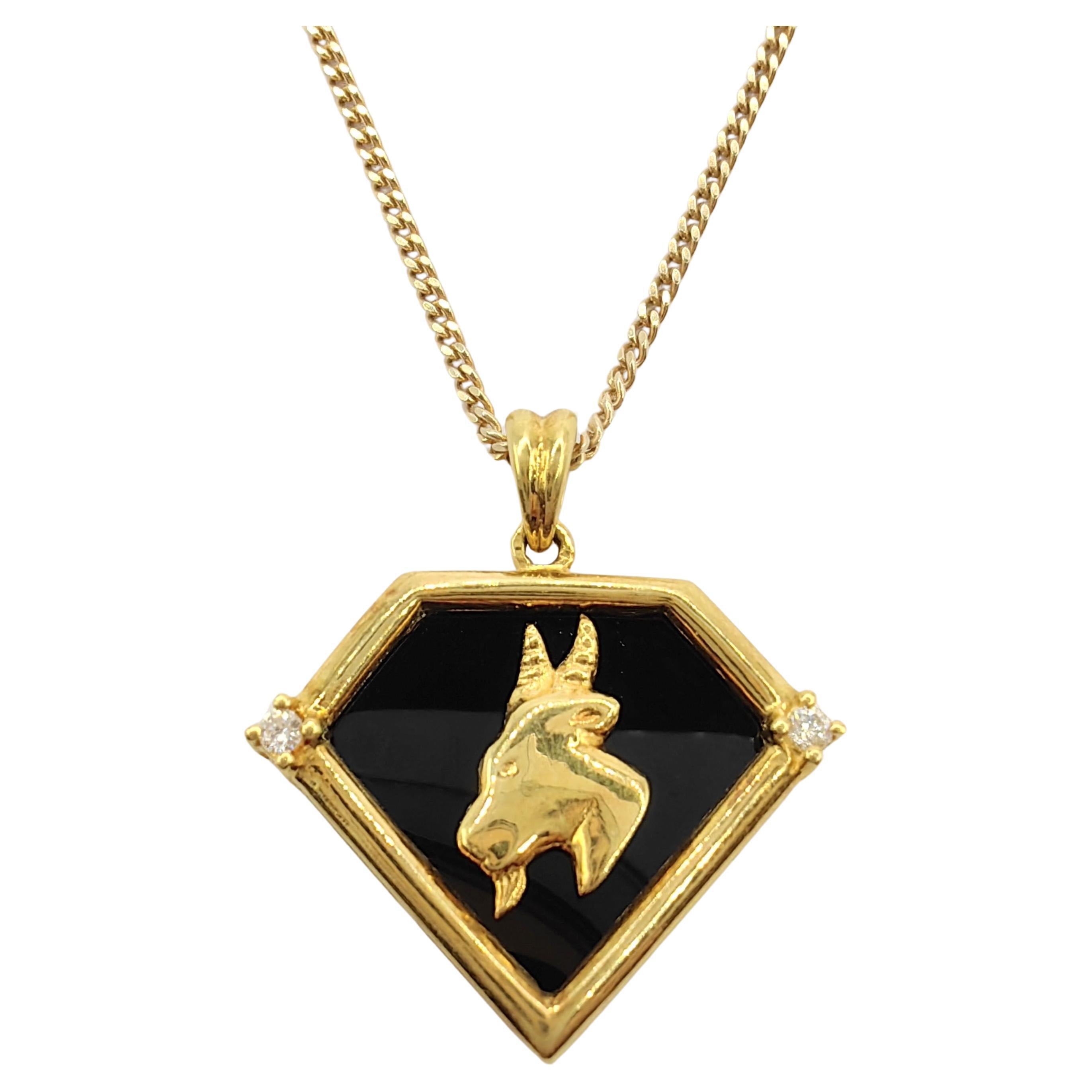 Vintage 90's Capricorn Black Onyx Diamond Necklace Pendant in 20K Yellow Gold
