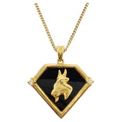 Retro 90's Capricorn Black Onyx Diamond Necklace Pendant in 20K Yellow Gold